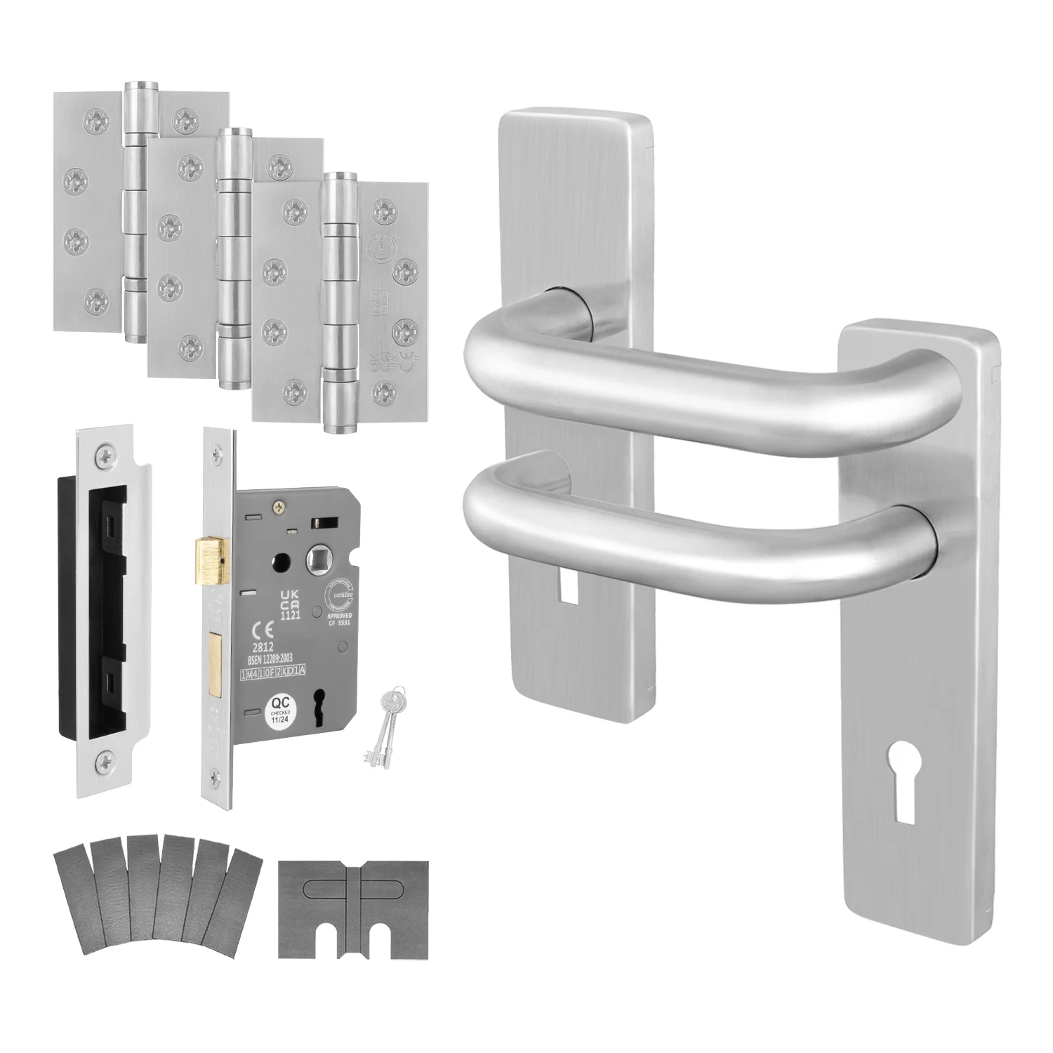 Satin Stainless Return to Door Handle Fire Door Pack - 3 Lever Sashlock - FD30/60