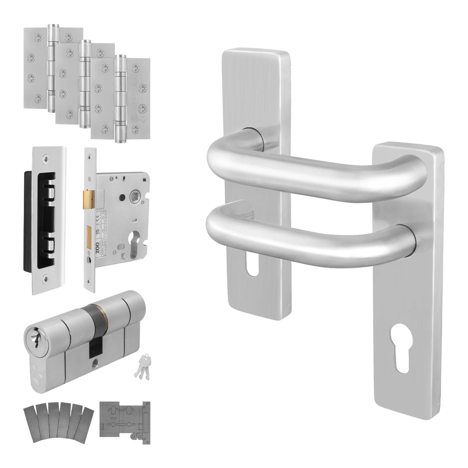 Satin Stainless Return to Door Handle Fire Door Pack - 3 Lever Sashlock and Double Cylinder - FD30/60