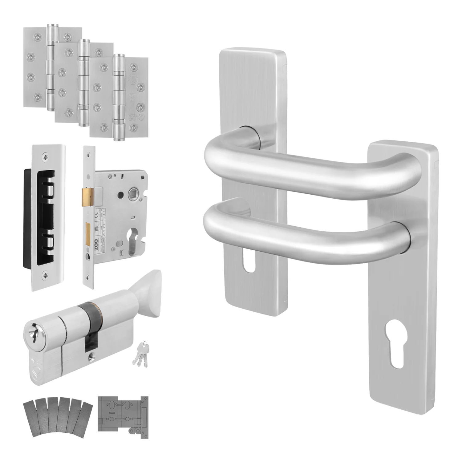 Satin Stainless Return to Door Handle Fire Door Pack - Euro Sashlock and Thumbturn Cylinder - FD30/60