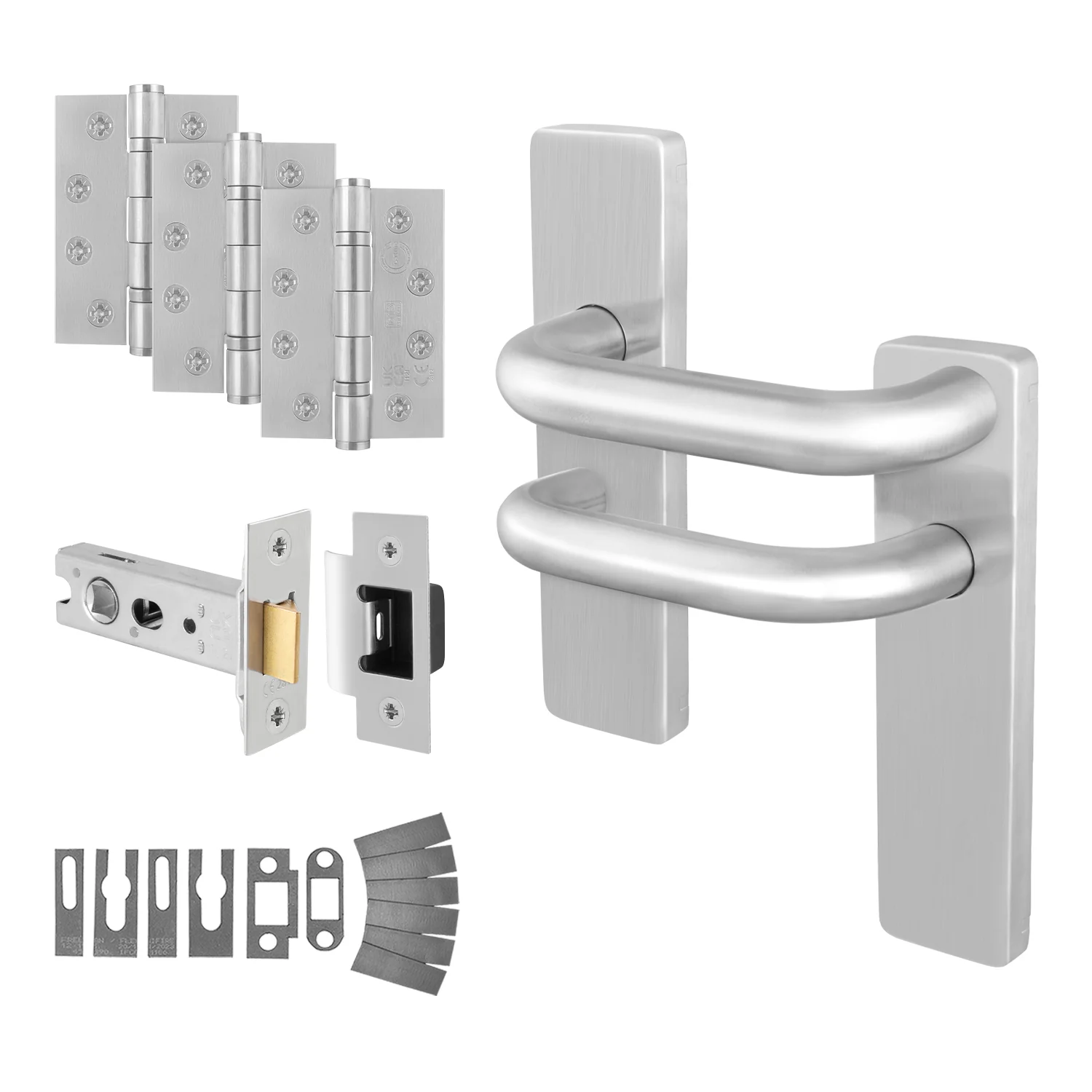 Fire Door Handles Set - 19mm RTD Lever 102mm Hinges 76mm Latch & Intumescents - Satin Stainless