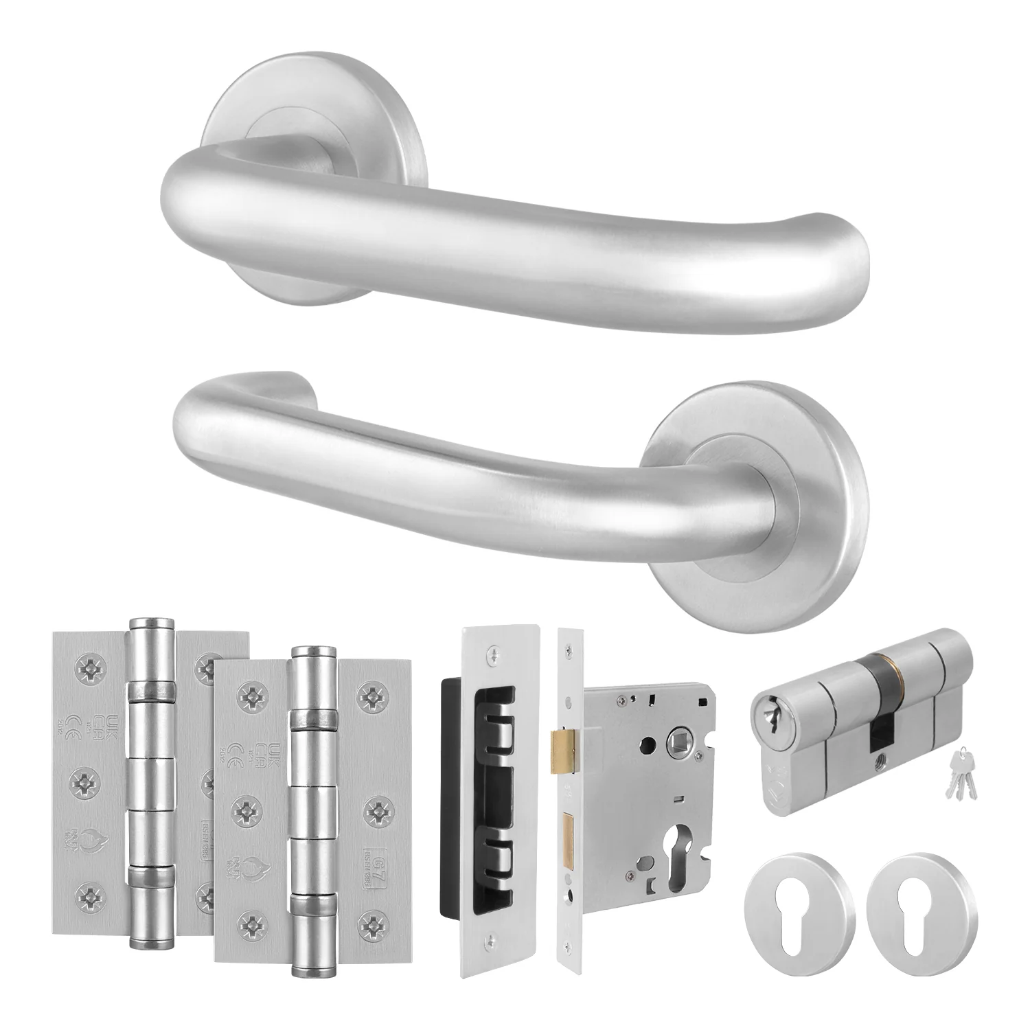 Satin Stainless Return to Door Handle on Rose Pack - 3 Lever Sashlock and Double Cylinder