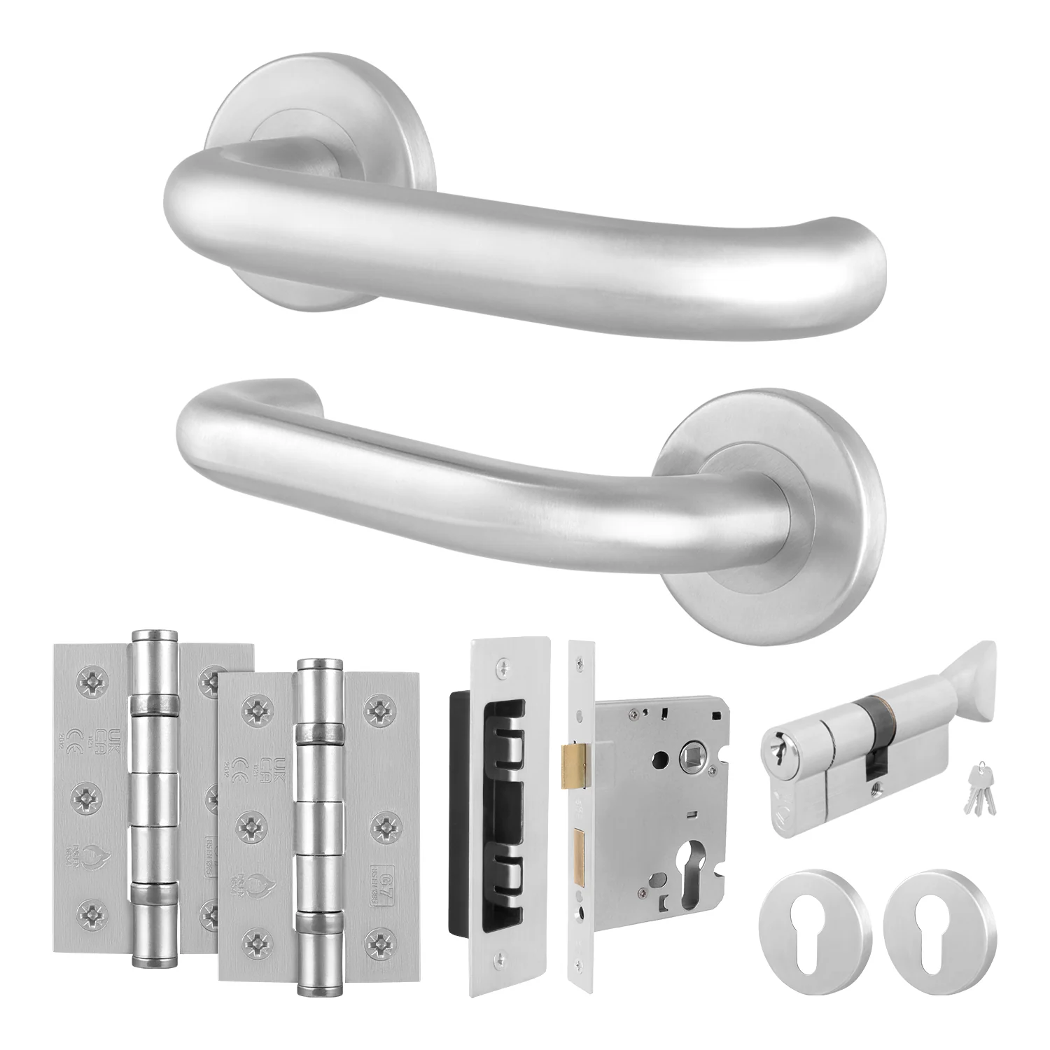 Satin Stainless Return to Door Handle on Rose Pack - 3 Lever Sashlock and Thumbturn Cylinder
