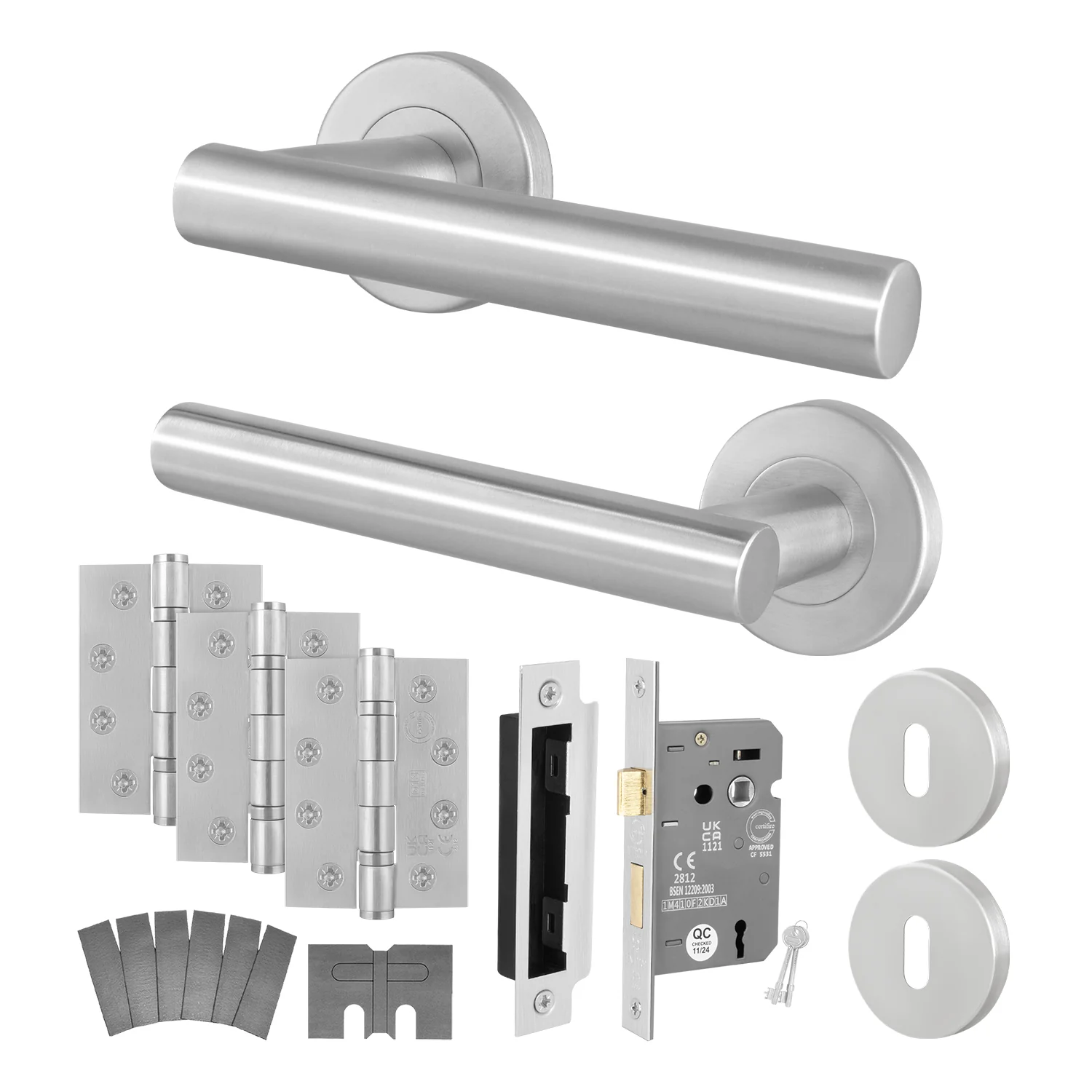 Satin Stainless T-Bar Door Handle on Rose Fire Door Pack - 3 Lever Sashlock - FD30/60
