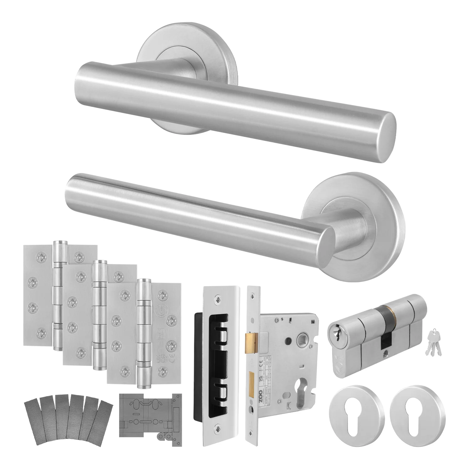 Satin Stainless T-Bar Door Handle on Rose Fire Door Pack - Euro Sashlock and Double Cylinder - FD30/60