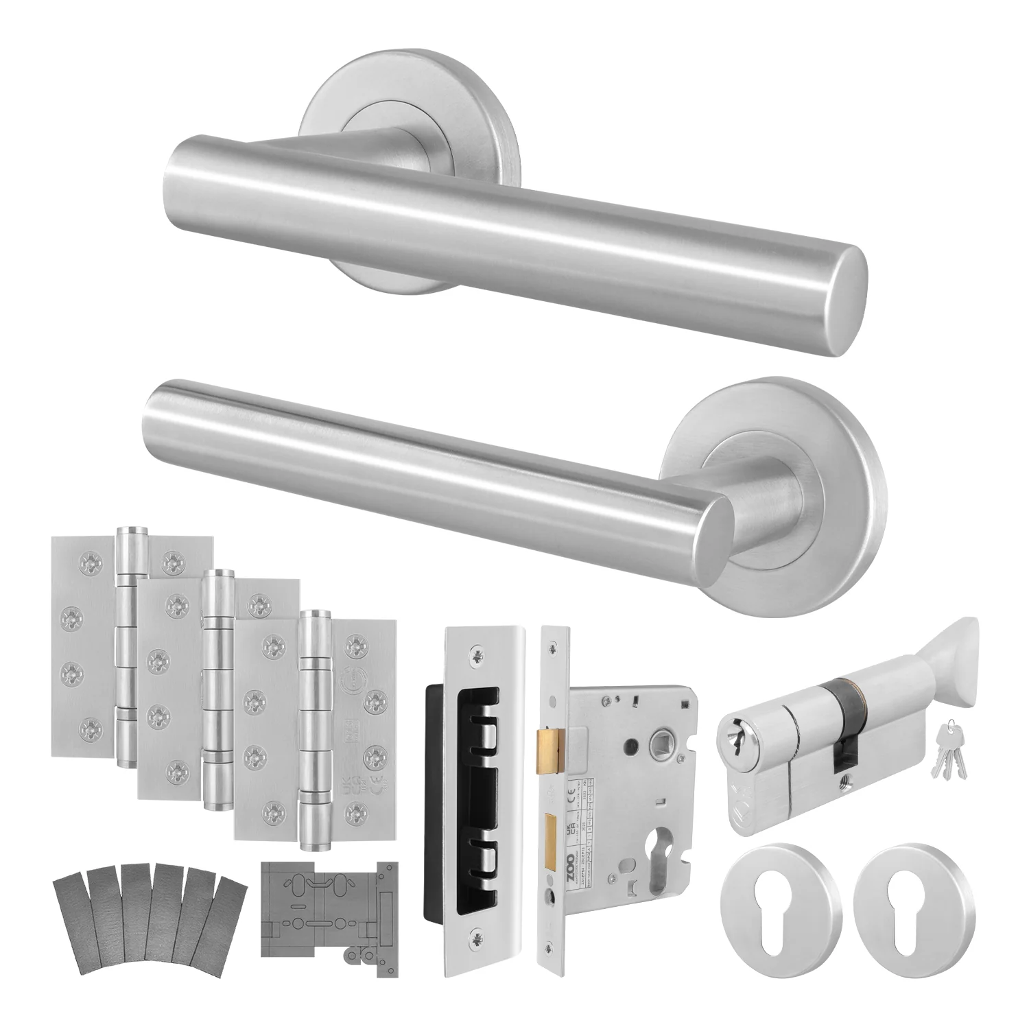 Satin Stainless T-Bar Door Handle on Rose Fire Door Pack - Euro Sashlock and Thumbturn Cylinder - FD30/60
