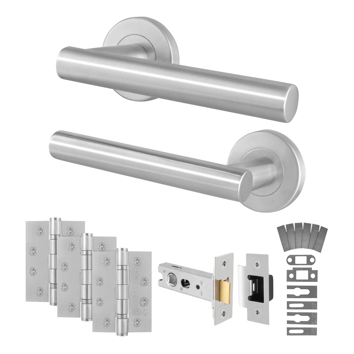 Satin Stainless T-Bar Door Handle on Rose Fire Door Pack - Latch - FD30/60