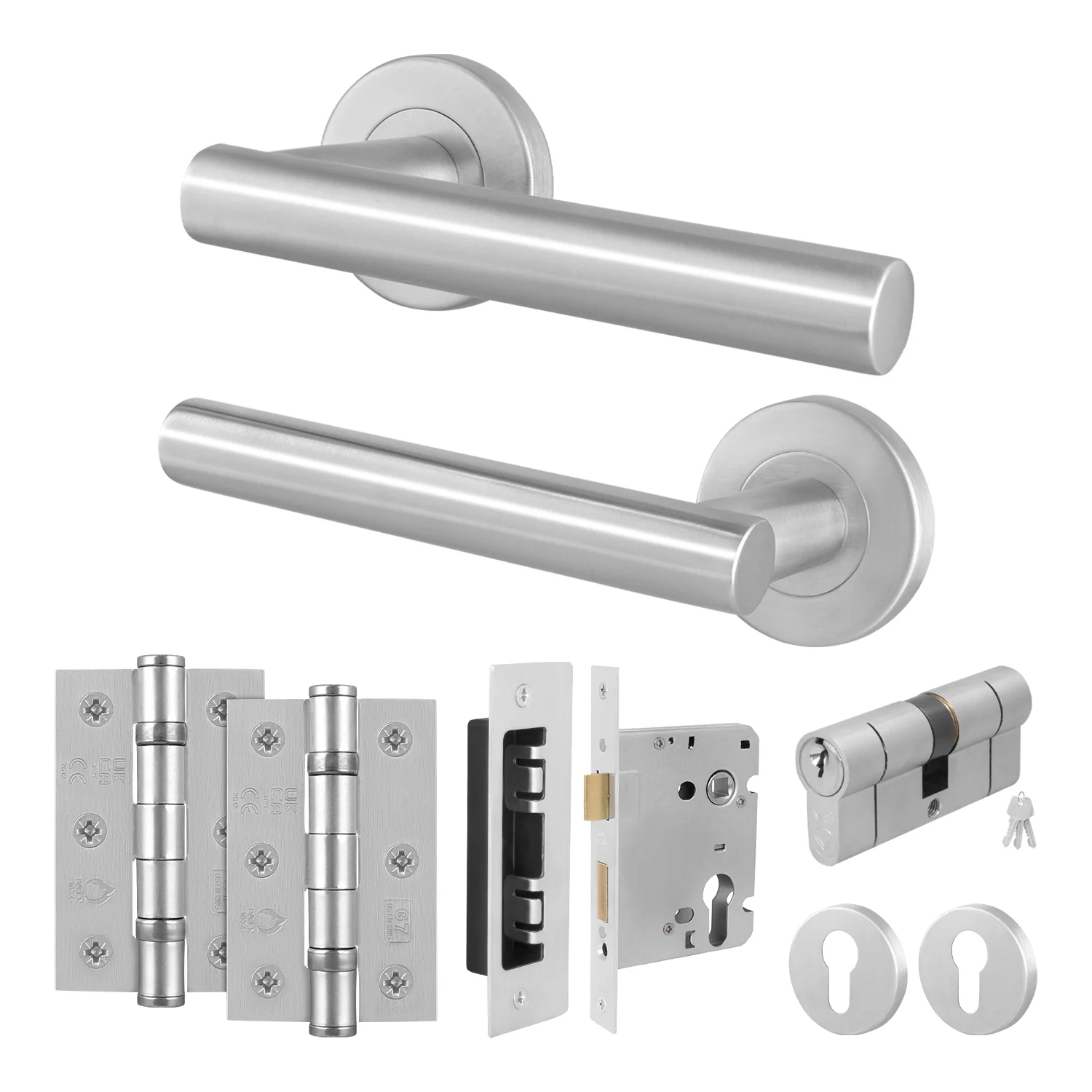 Satin Stainless T-Bar Door Handle on Rose Pack - Euro Sashlock and Double Cylinder