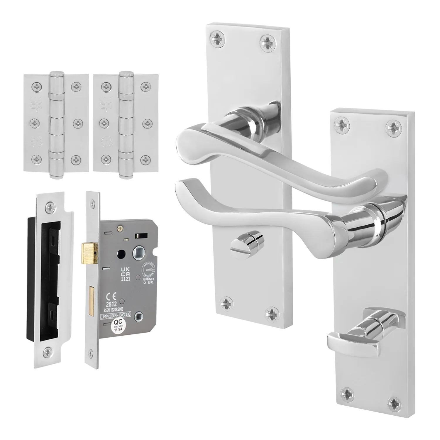 Victorian Scroll Polished Chrome Lever Door Handle Pack - 64mm Bathroom Lock