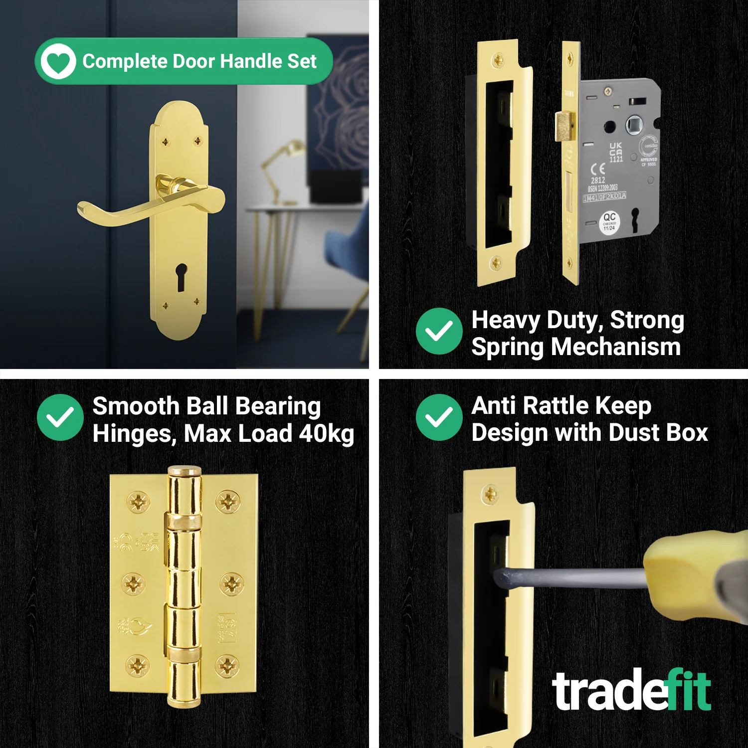 Victorian Rectory Polished Brass Lever Door Handle Pack - 64mm Sashlock - 76mm Hinges - Image 5