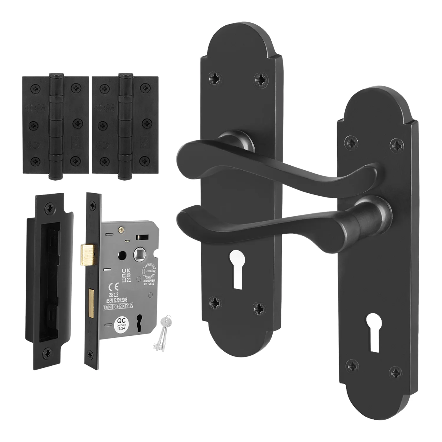 Victorian Rectory Matt Black Lever Door Handle Pack - 64mm Sashlock - 76mm Hinges
