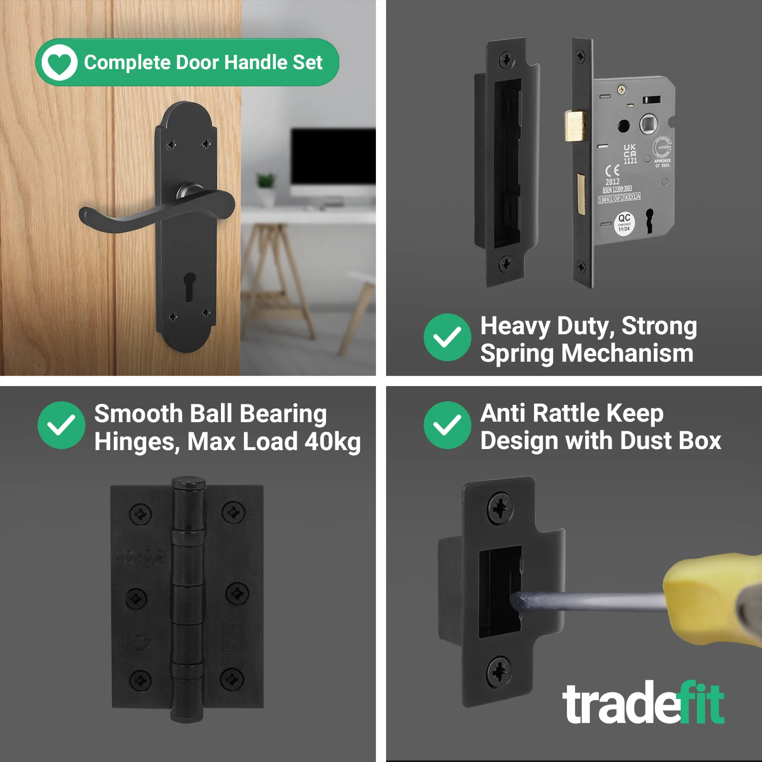 Victorian Rectory Matt Black Lever Door Handle Pack - 64mm Sashlock - 76mm Hinges - Image 5