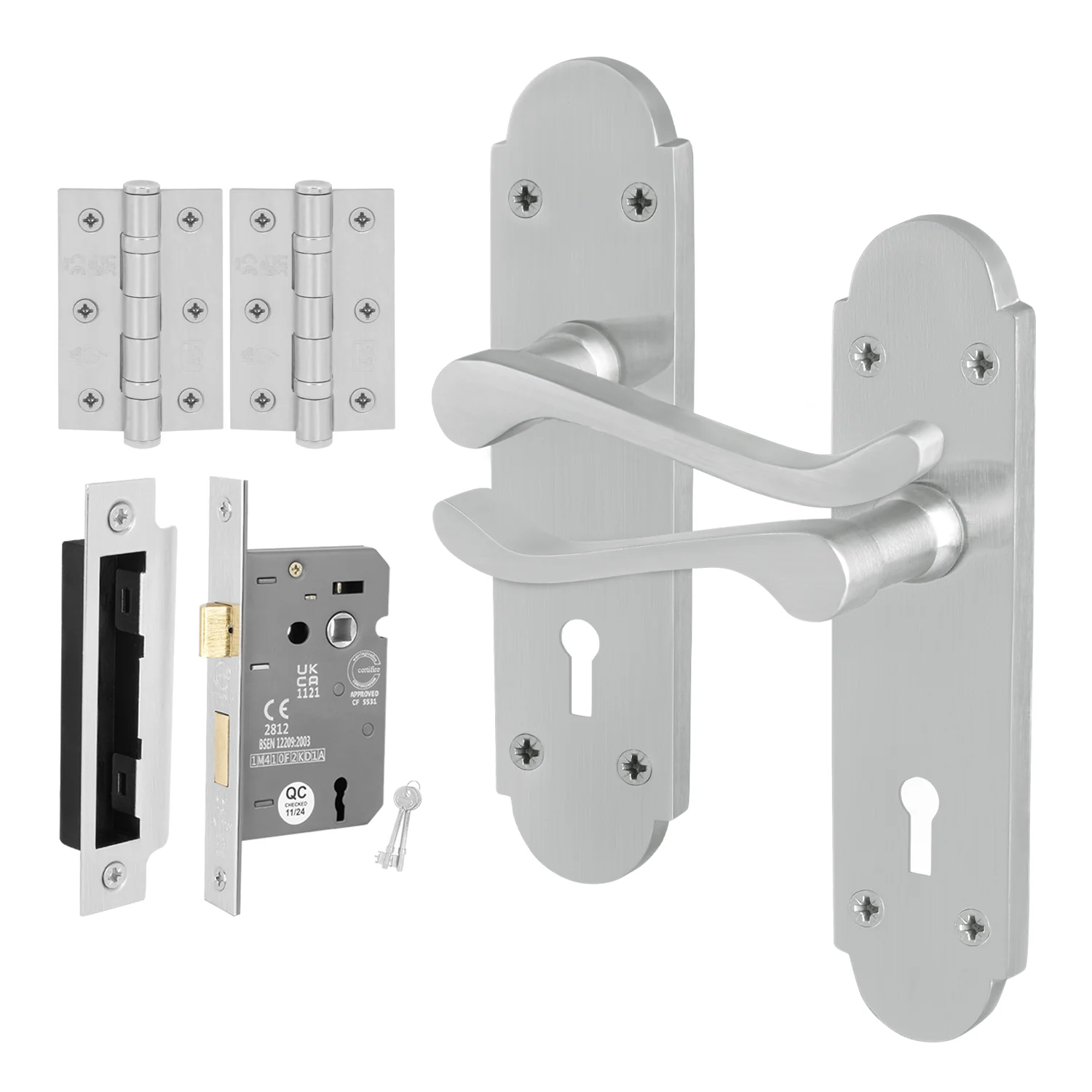 Victorian Rectory Satin Chrome Lever Door Handle Pack - 64mm Sashlock - 76mm Hinges