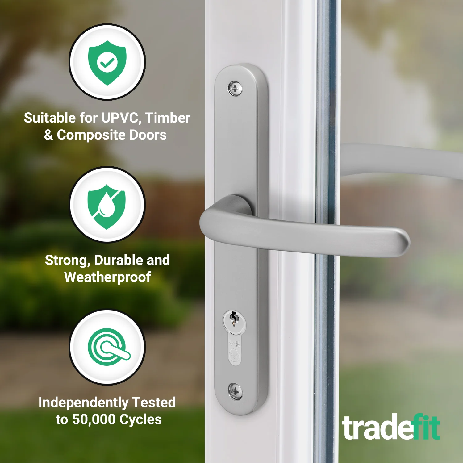 Silver UPVC Door Handles - 92mm PZ Centres - 210 mm Fixing Centres - 242 x 34mm - Image 3