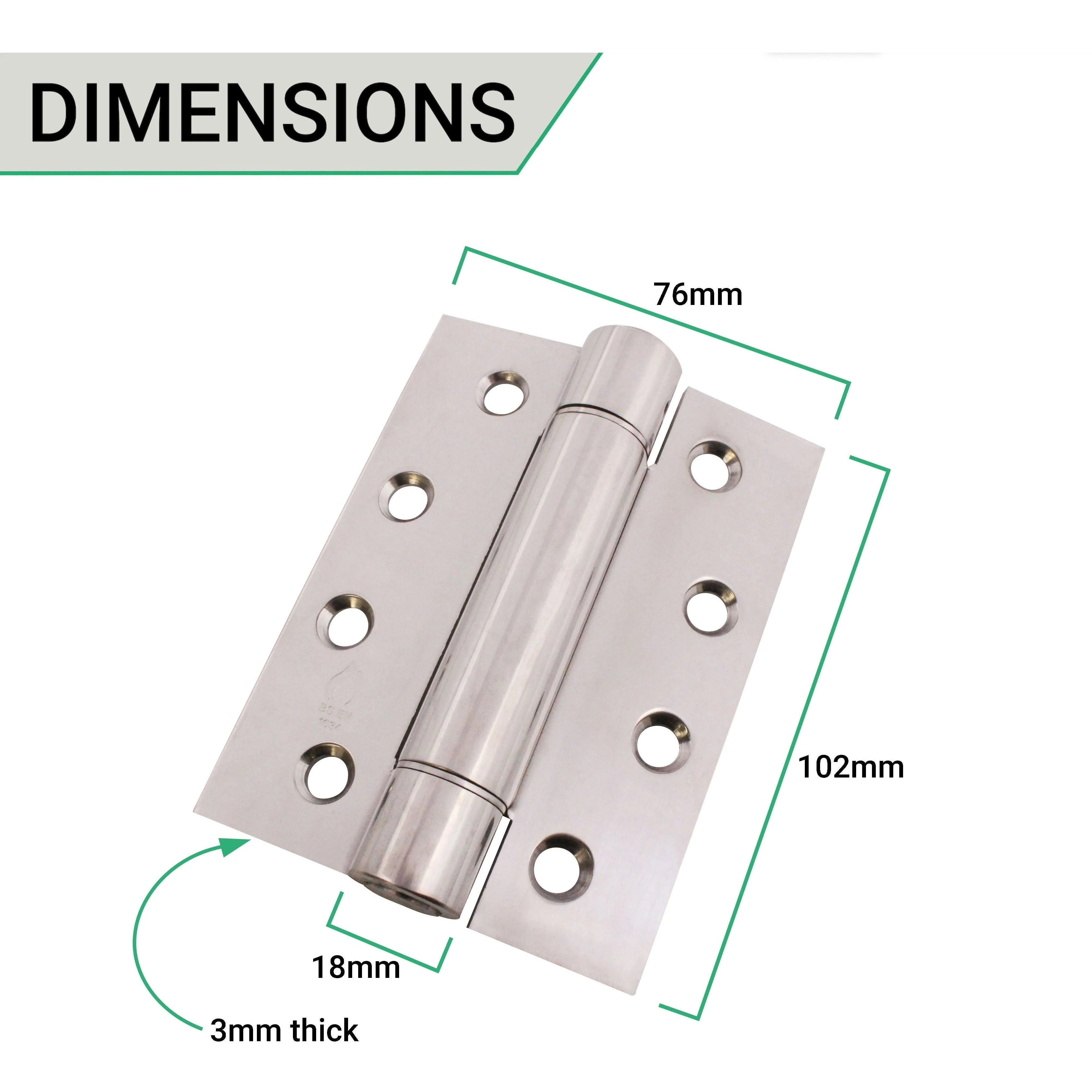 Single Action Spring Hinges 4" Stainless Steel - 102x76x3mm - Polished - Pair - Including Screws - Image 2