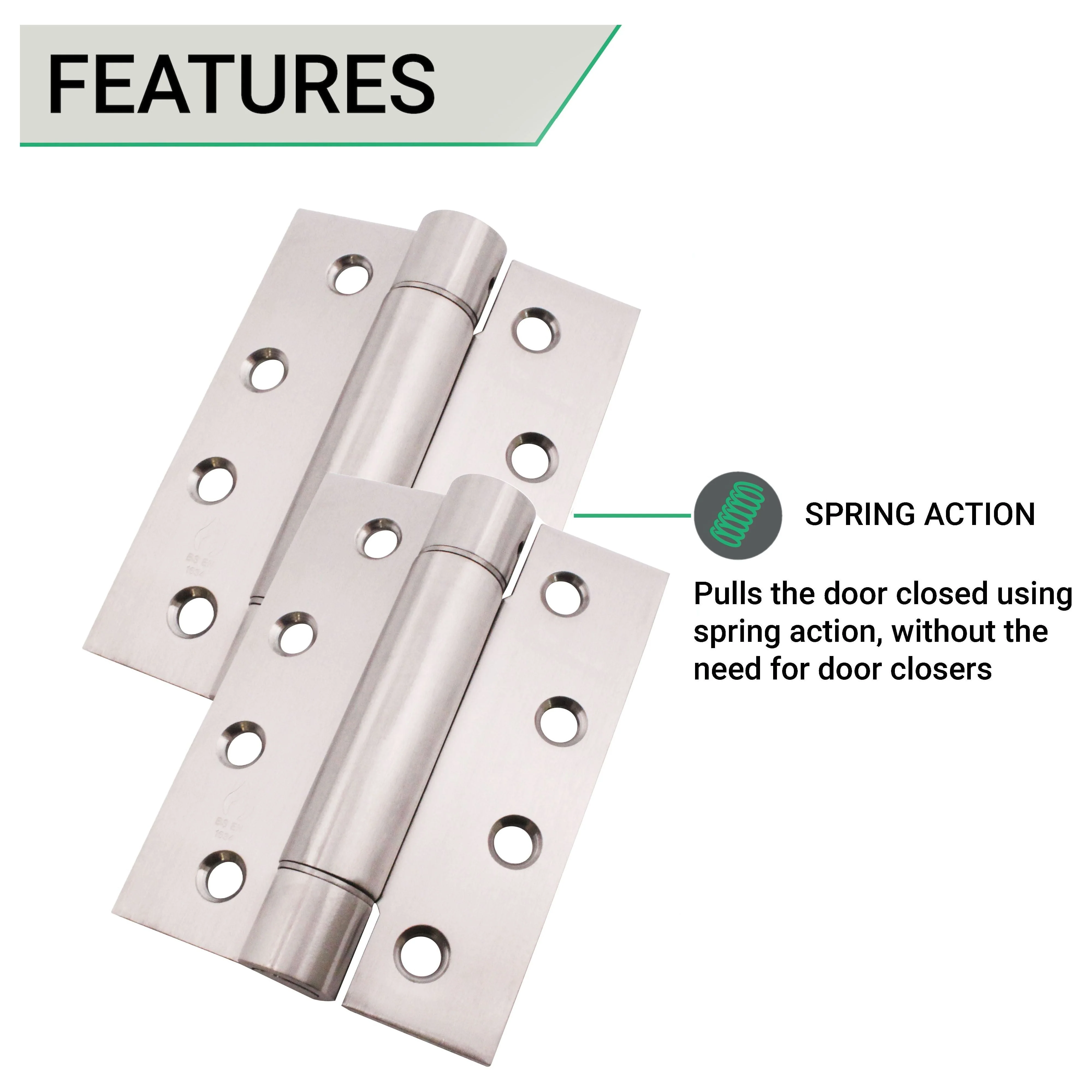 Single Action Spring Hinges 4" Stainless Steel - 102x76x3mm - Polished - Pair - Including Screws - Image 4