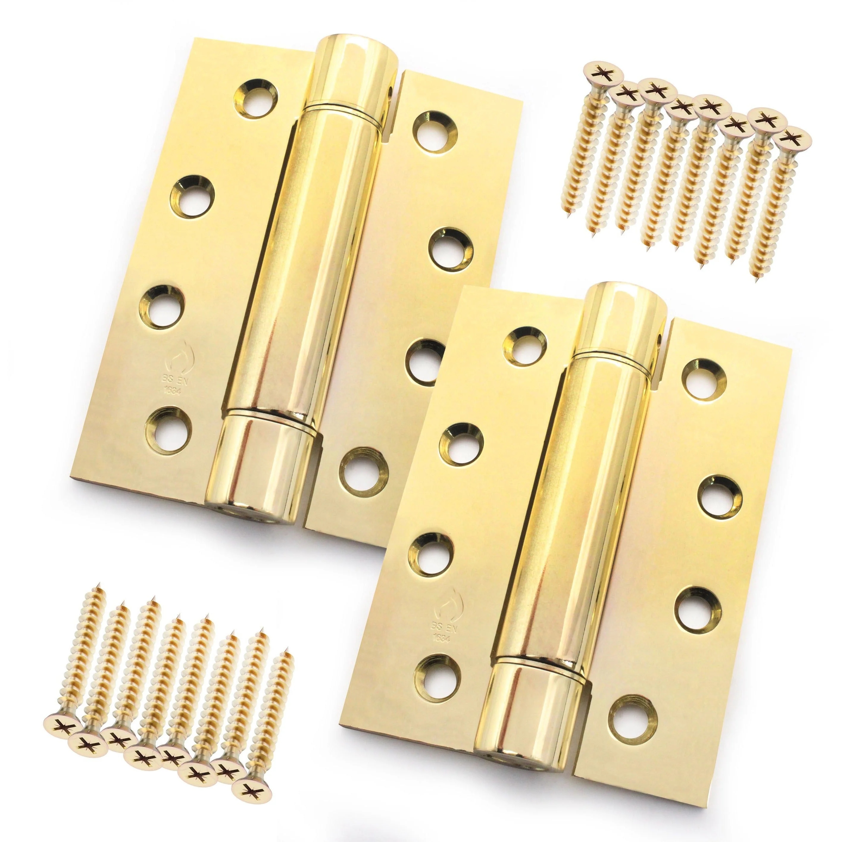 Single Action Spring Hinges 4" Stainless Steel - 102x76x3mm - PVD Brass - Pair - Including Screws - Image 2