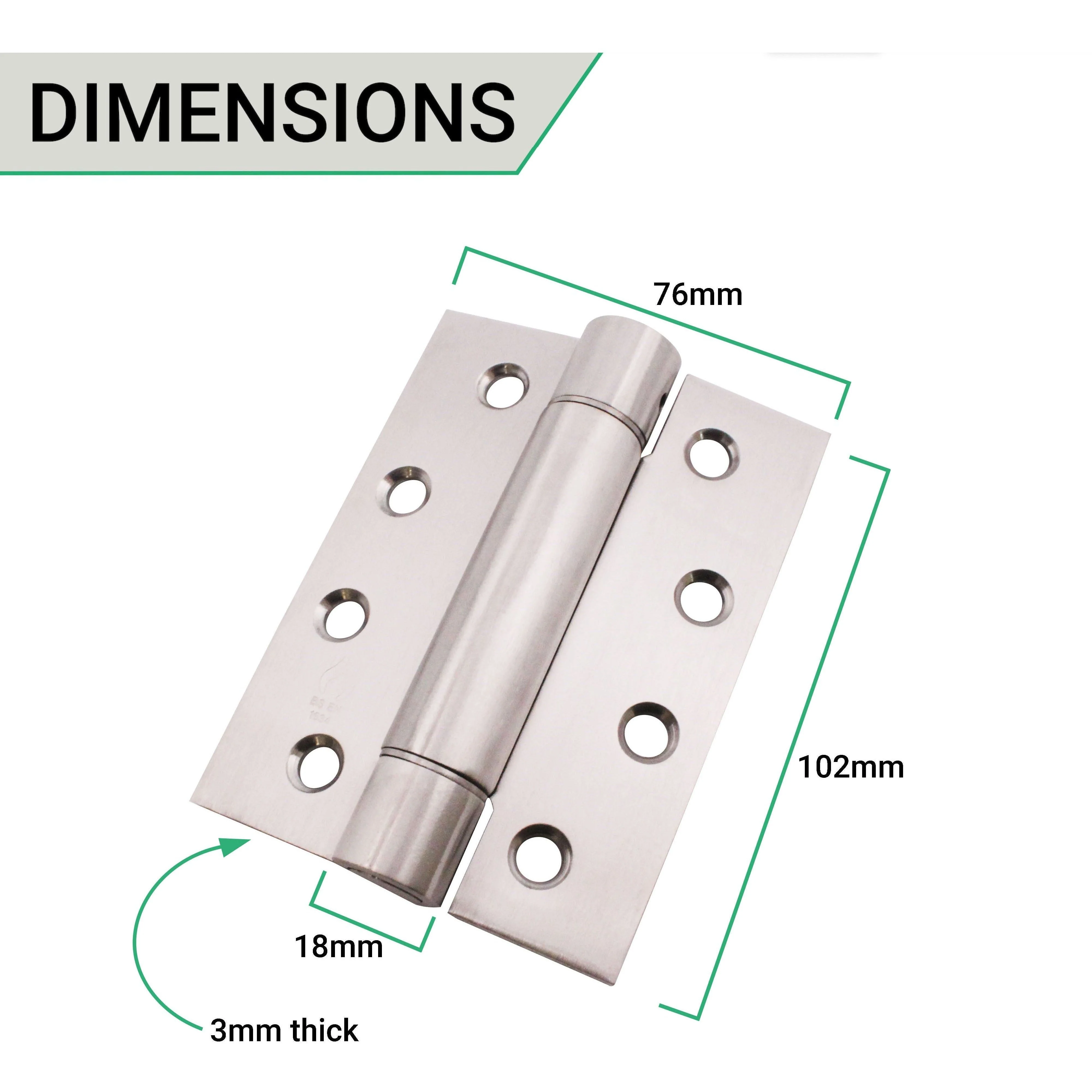 Single Action Spring Hinges 4" Stainless Steel - 102x76x3mm - Satin - Pair - Including Screws - Image 2