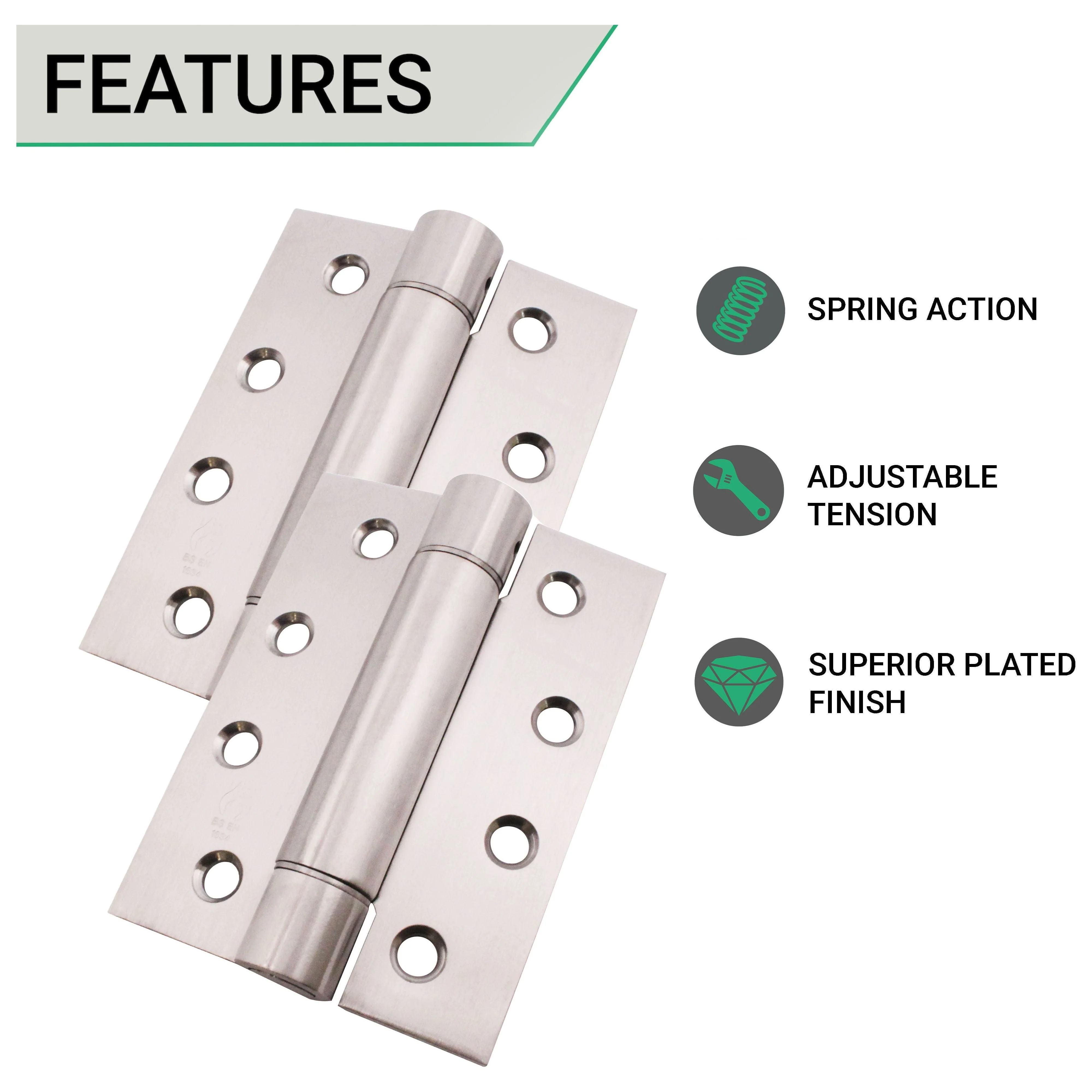 Single Action Spring Hinges 4" Stainless Steel - 102x76x3mm - Satin - Pair - Including Screws - Image 4