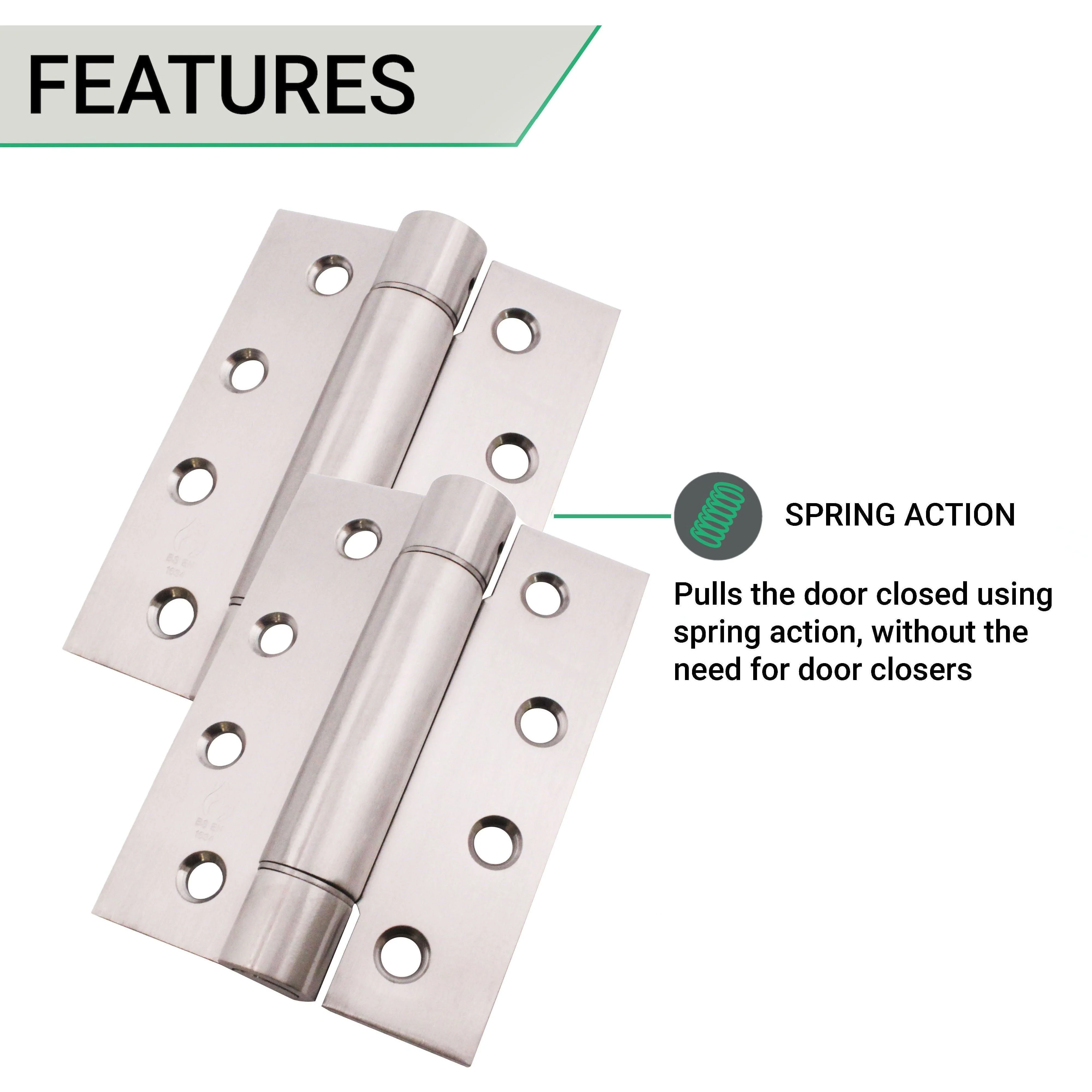 Single Action Spring Hinges 4" Stainless Steel - 102x76x3mm - Satin - Pair - Including Screws - Image 5