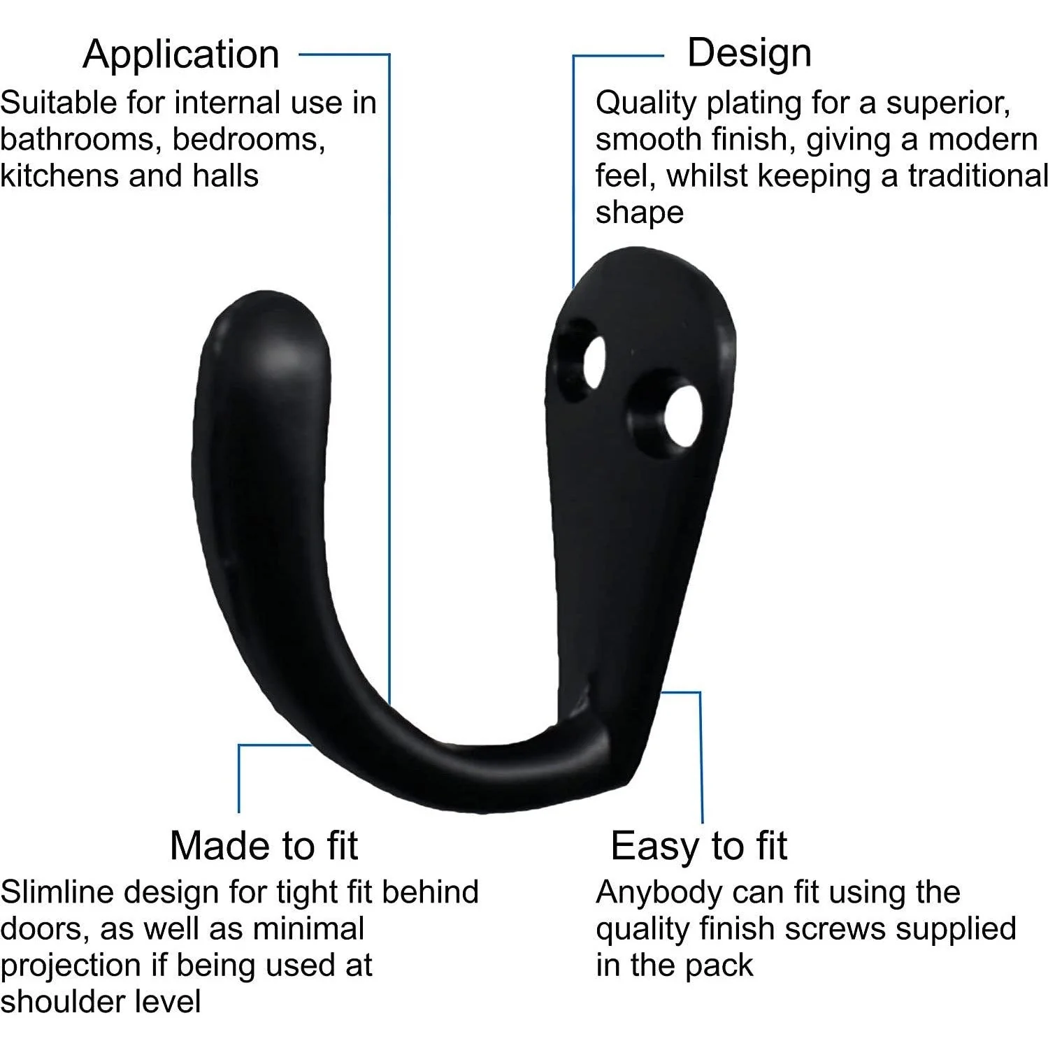 Single Robe Hook - MATT BLACK - Pack of 4 - Image 3