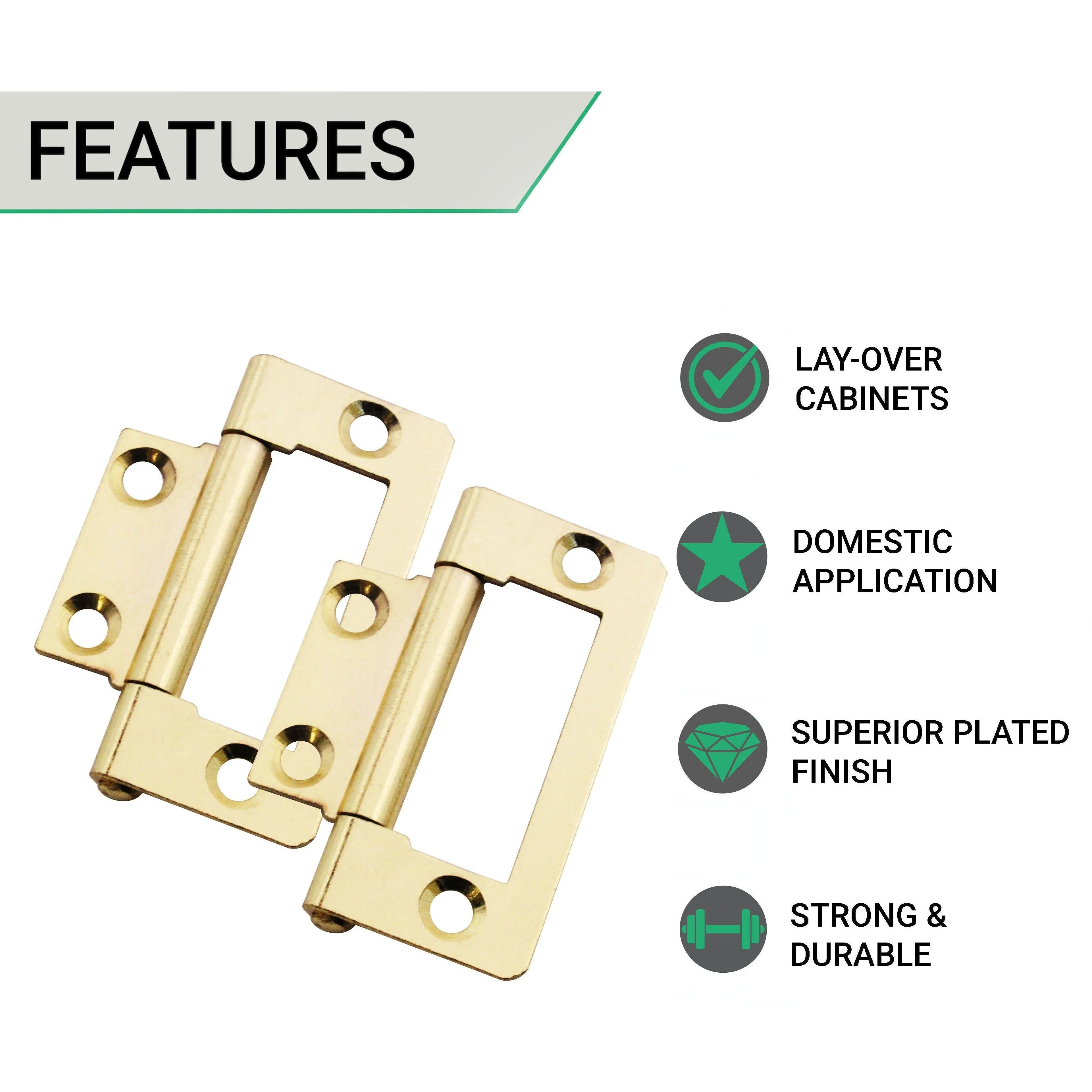 Steel Flush Cabinet Hinges - 50mm - Brass Plated - Pair - EXCLUDING Screws - Image 3