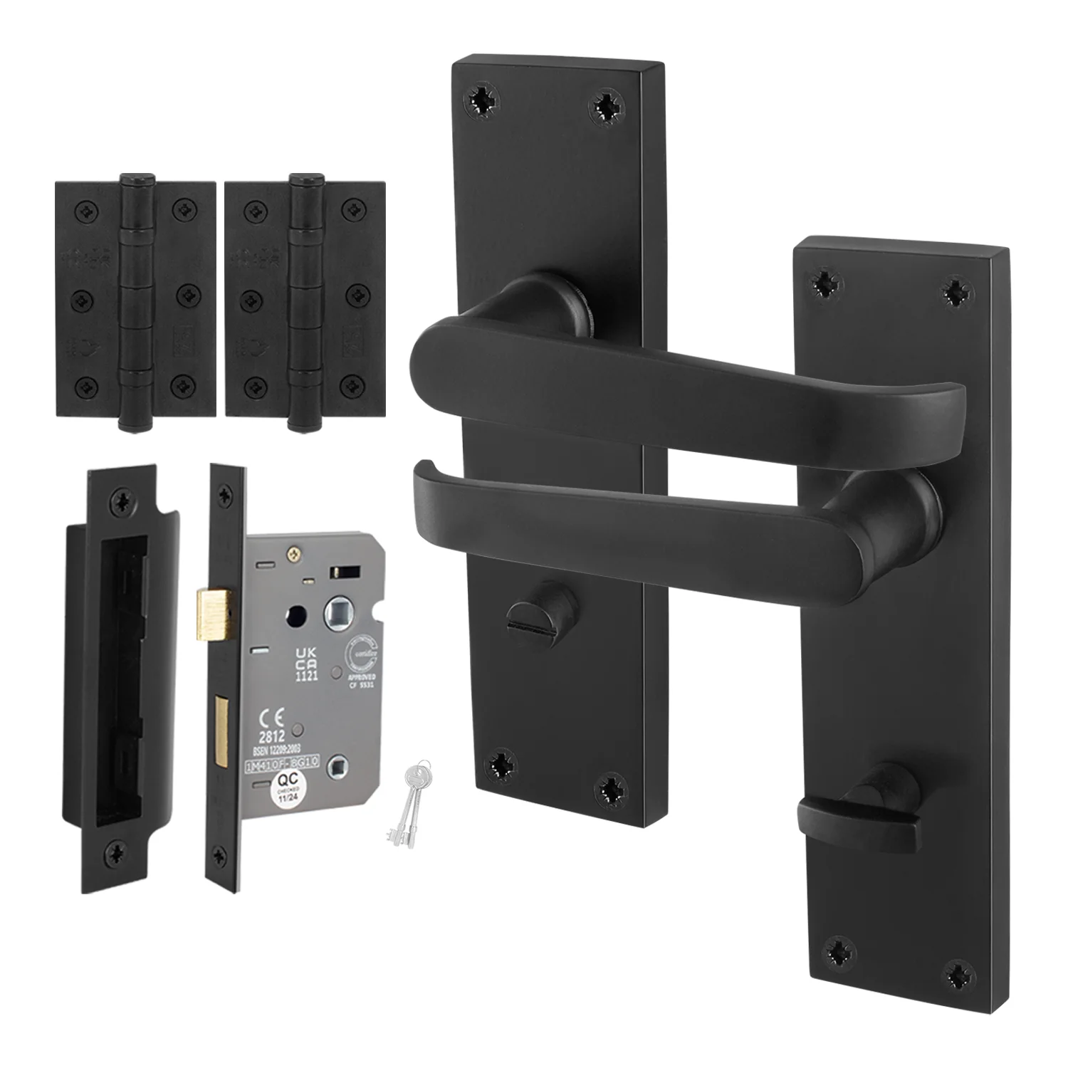Straight Pattern Black Door Handle Pack - 64mm Bathroom Lock