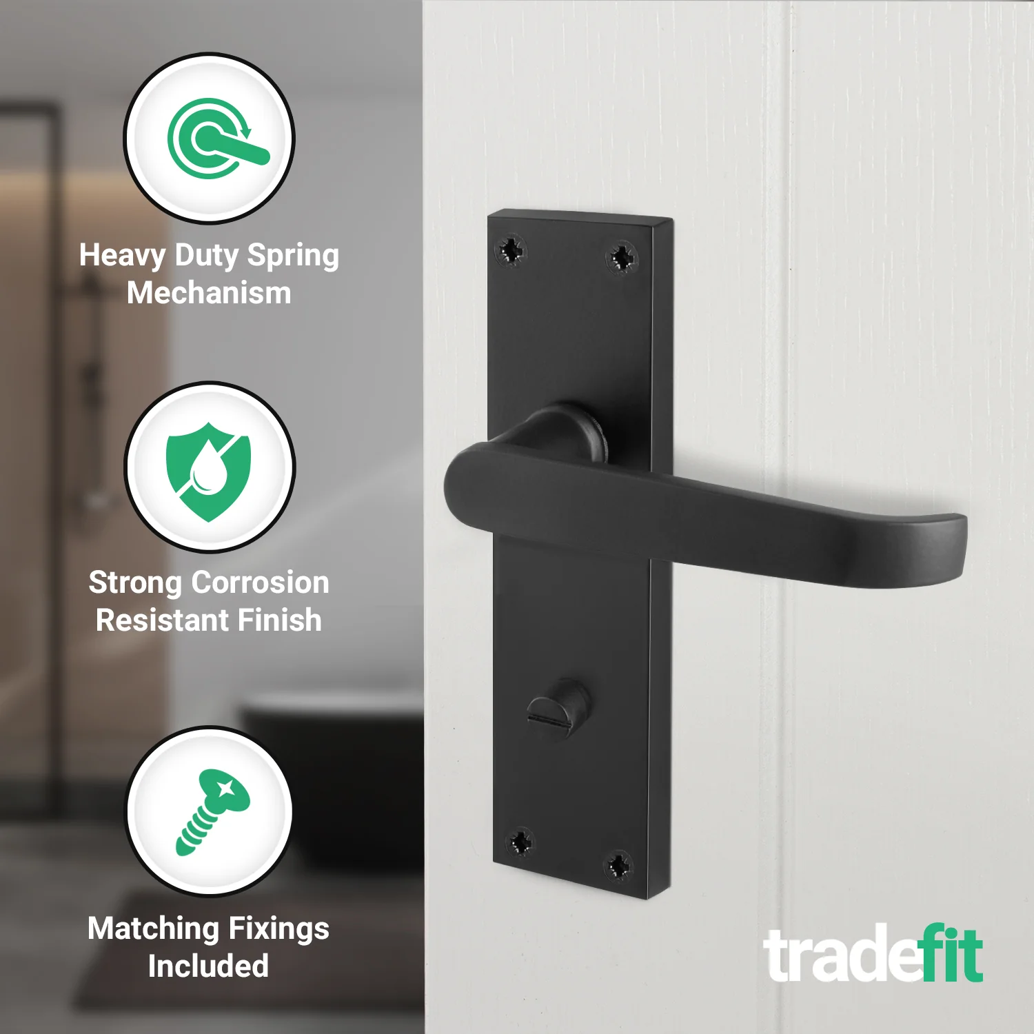 Straight Pattern Black Door Handle Pack - 64mm Bathroom Lock - Image 4