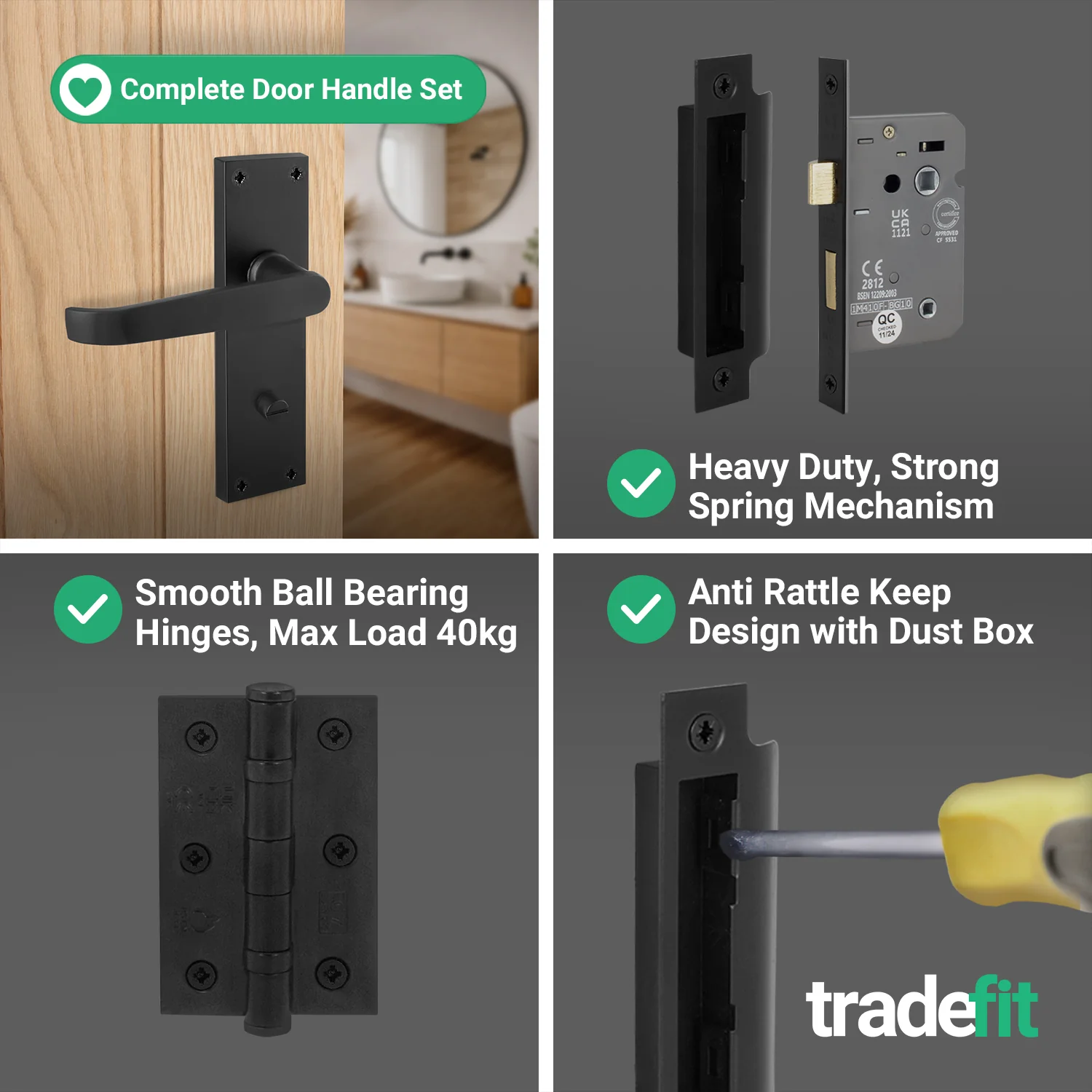 Straight Pattern Black Door Handle Pack - 64mm Bathroom Lock - Image 5