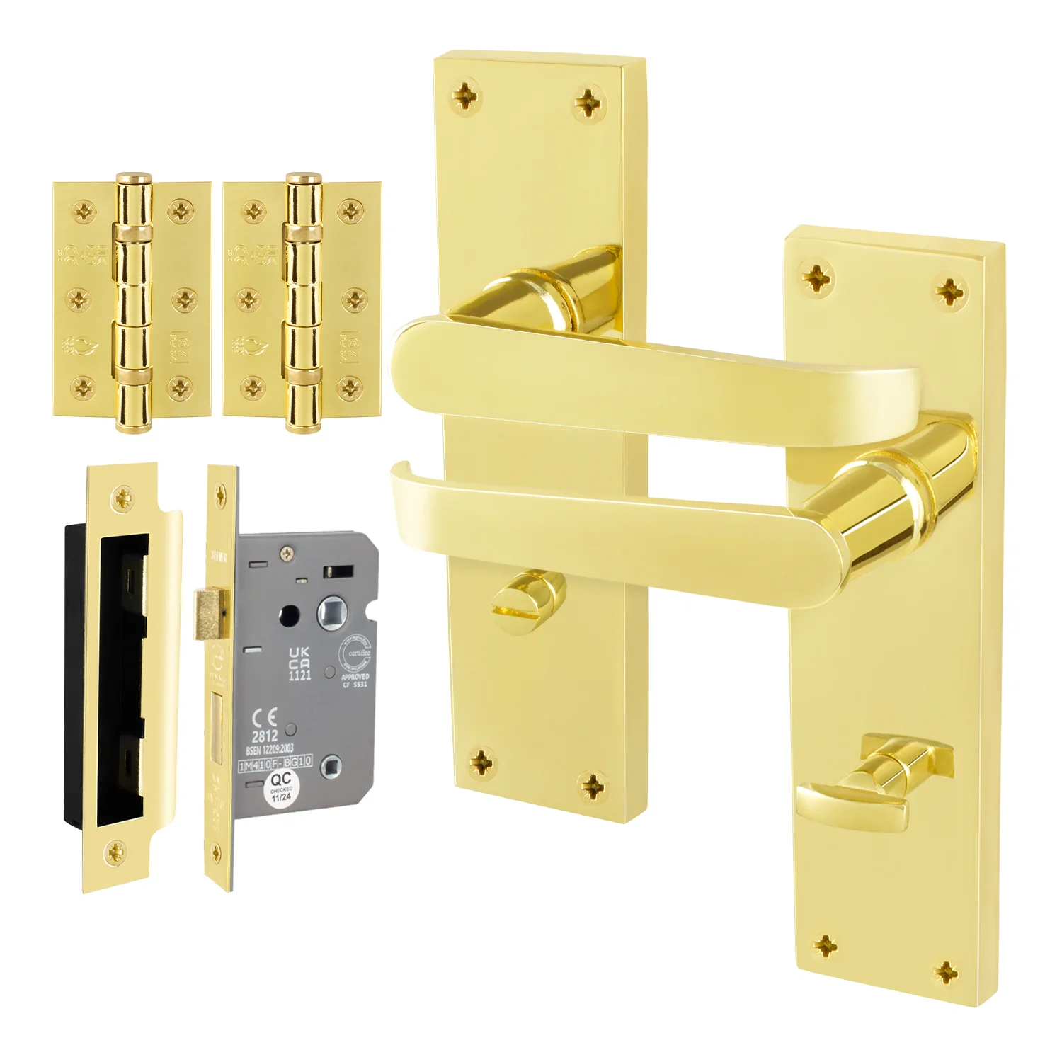 Straight Pattern Polished Brass Door Handle Pack - 64mm Bathroom Lock