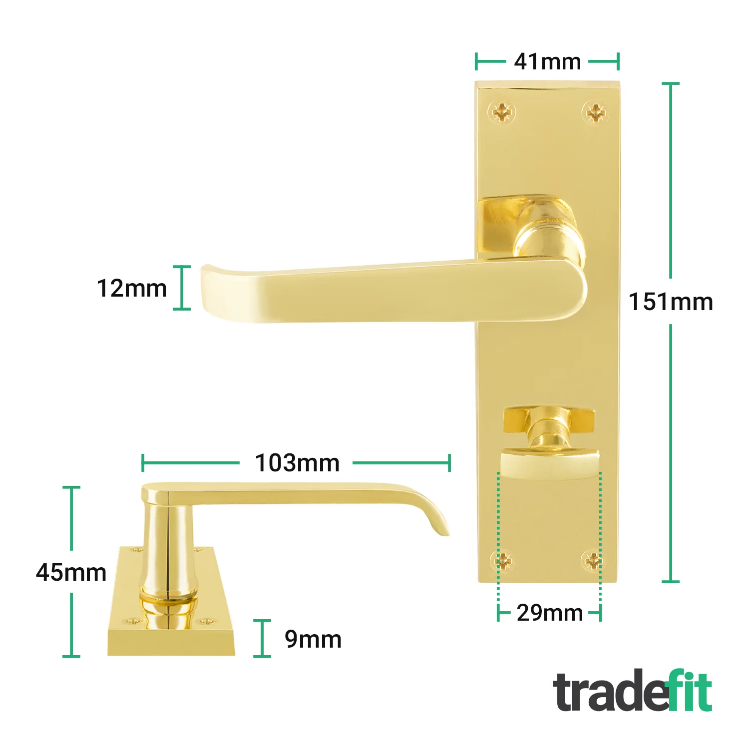 Straight Pattern Polished Brass Door Handle Pack - 64mm Bathroom Lock - Image 2