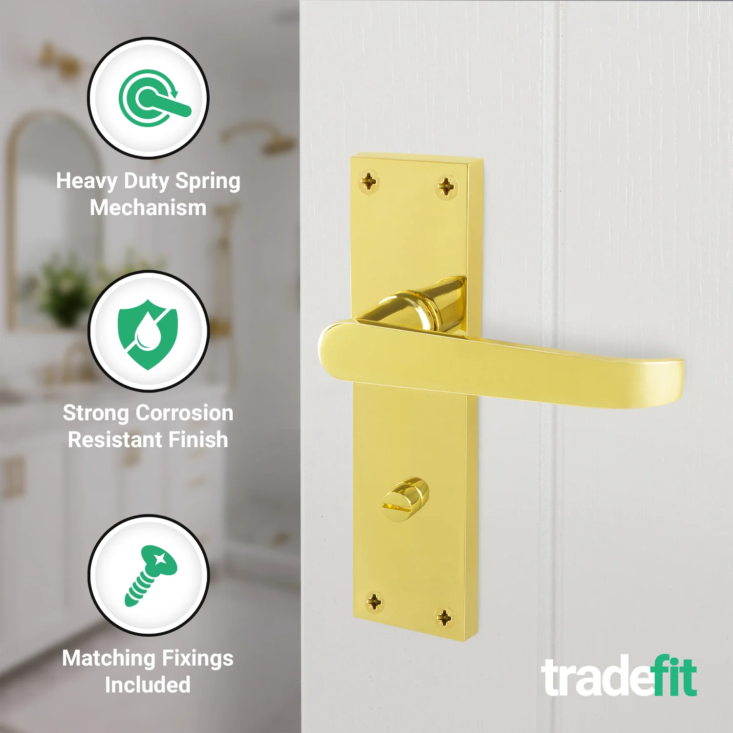 Straight Pattern Polished Brass Door Handle Pack - 64mm Bathroom Lock - Image 4