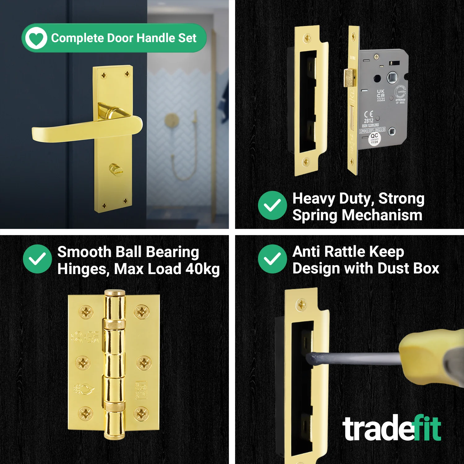 Straight Pattern Polished Brass Door Handle Pack - 64mm Bathroom Lock - Image 5
