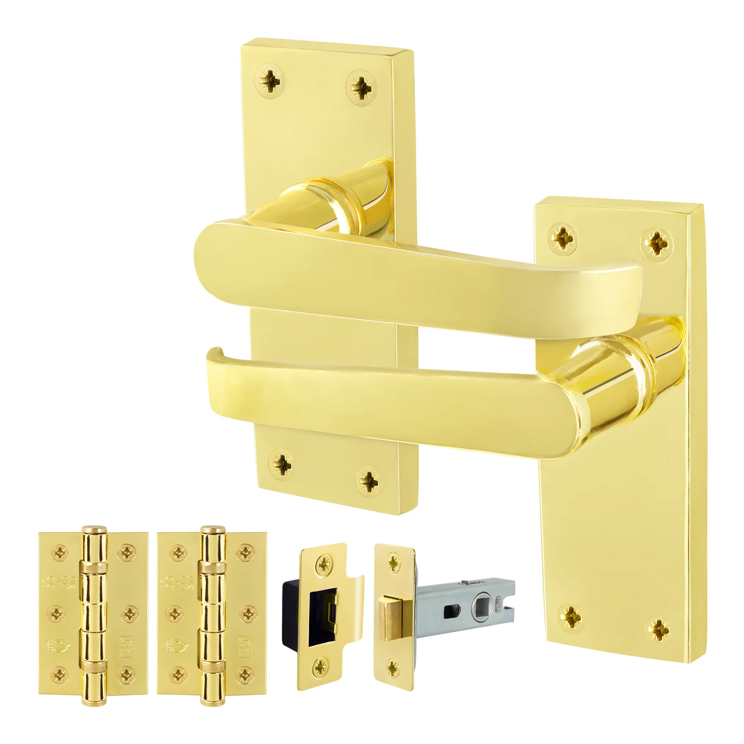 Straight Pattern Polished Brass Door Handle Pack - 64mm Latch
