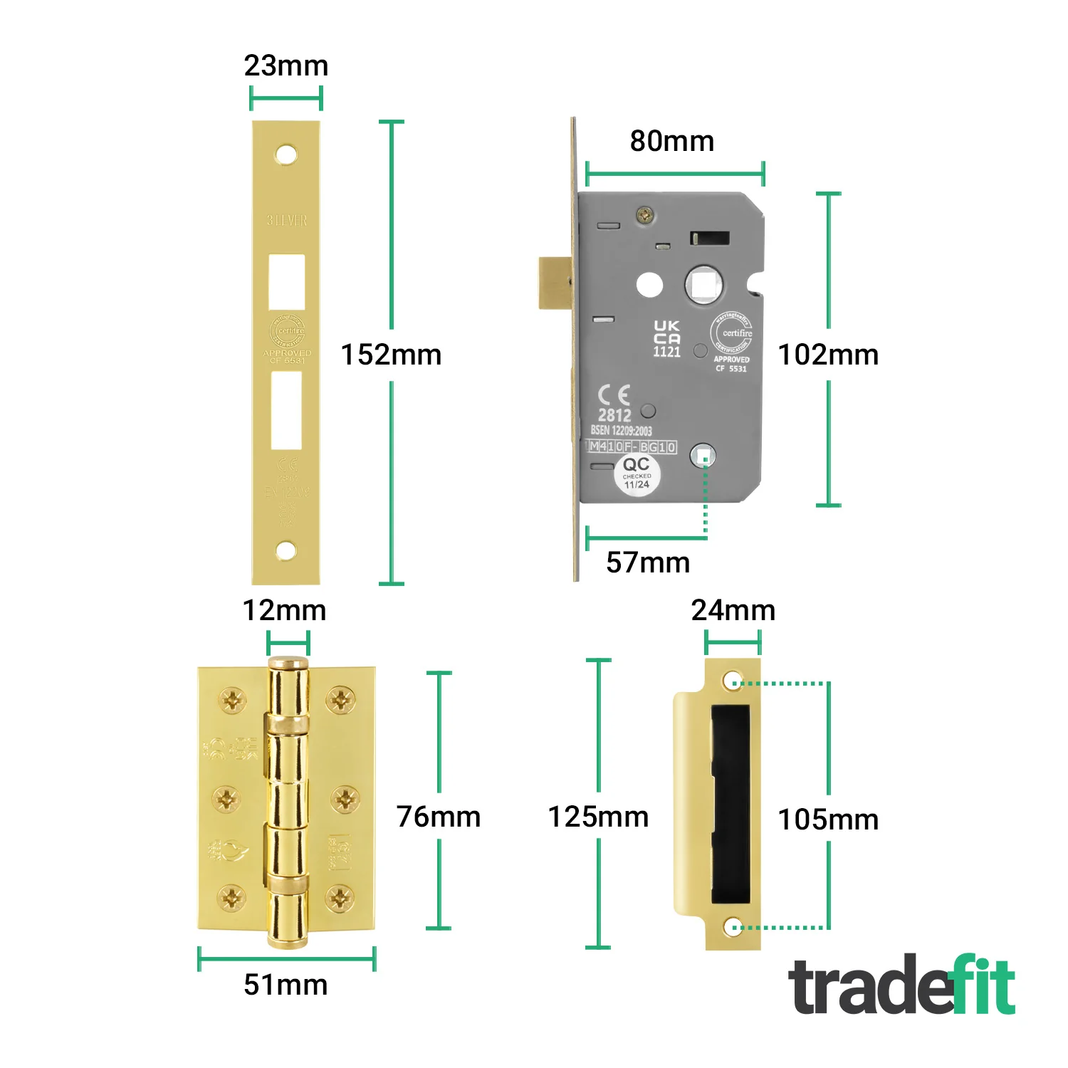 Straight Pattern Polished Brass Door Handle Pack - 80mm Bathroom Lock - Image 3