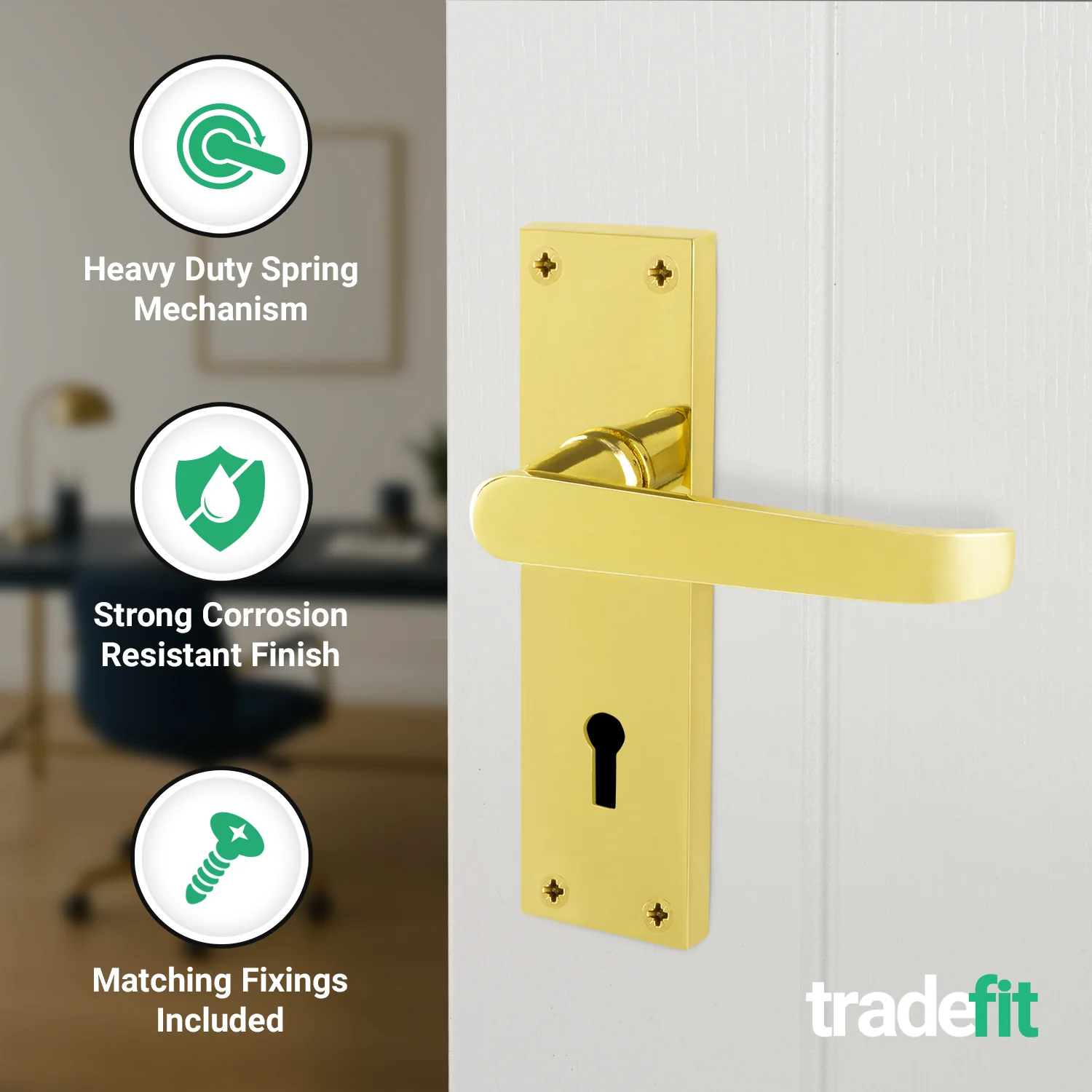 Straight Pattern Polished Brass Lock Door Handles - Keyhole - Image 3