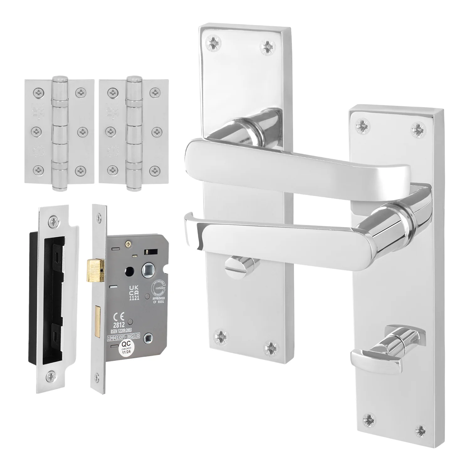 Straight Pattern Polished Chrome Door Handle Pack - 64mm Bathroom Lock