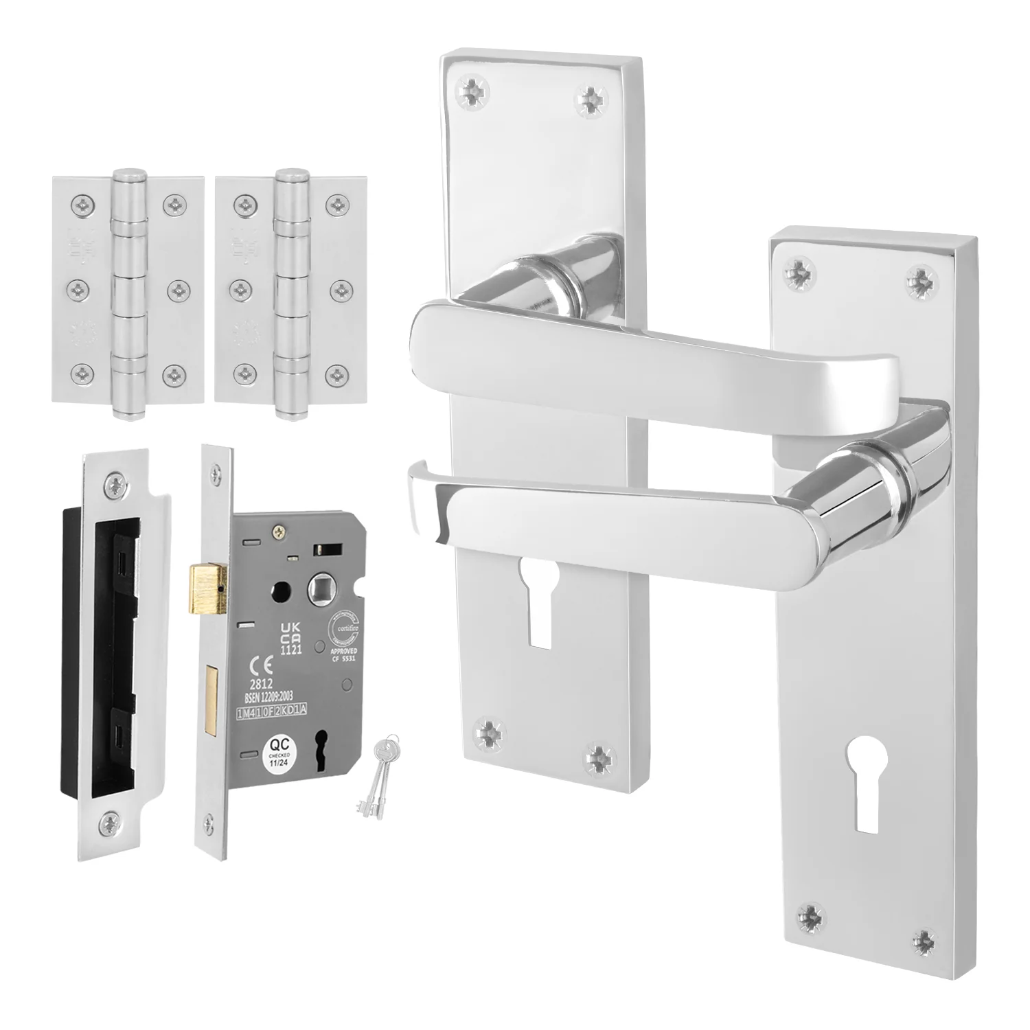 Straight Pattern Polished Chrome Door Handle Pack - 80mm Sashlock