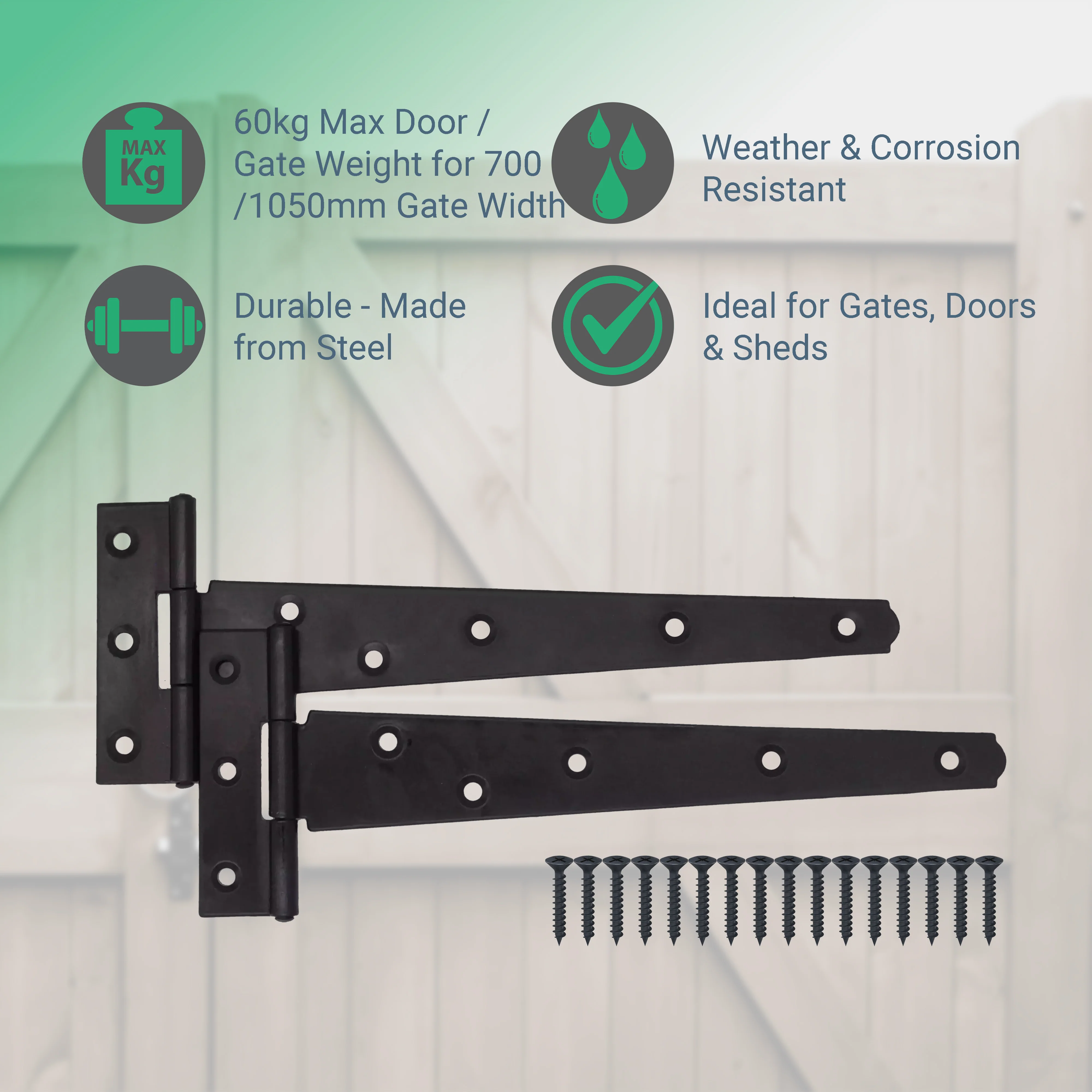 Heavy Duty Gate Tee Hinges - 355mm / 14 inch - Black - Pair - Image 2