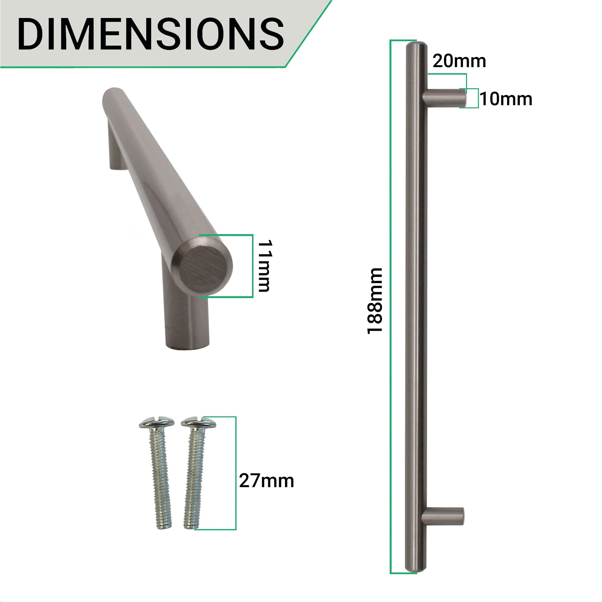 T-Bar Cupboard Dee Handle 188x12mm 128mm Centres Brushed Nickel - Image 3