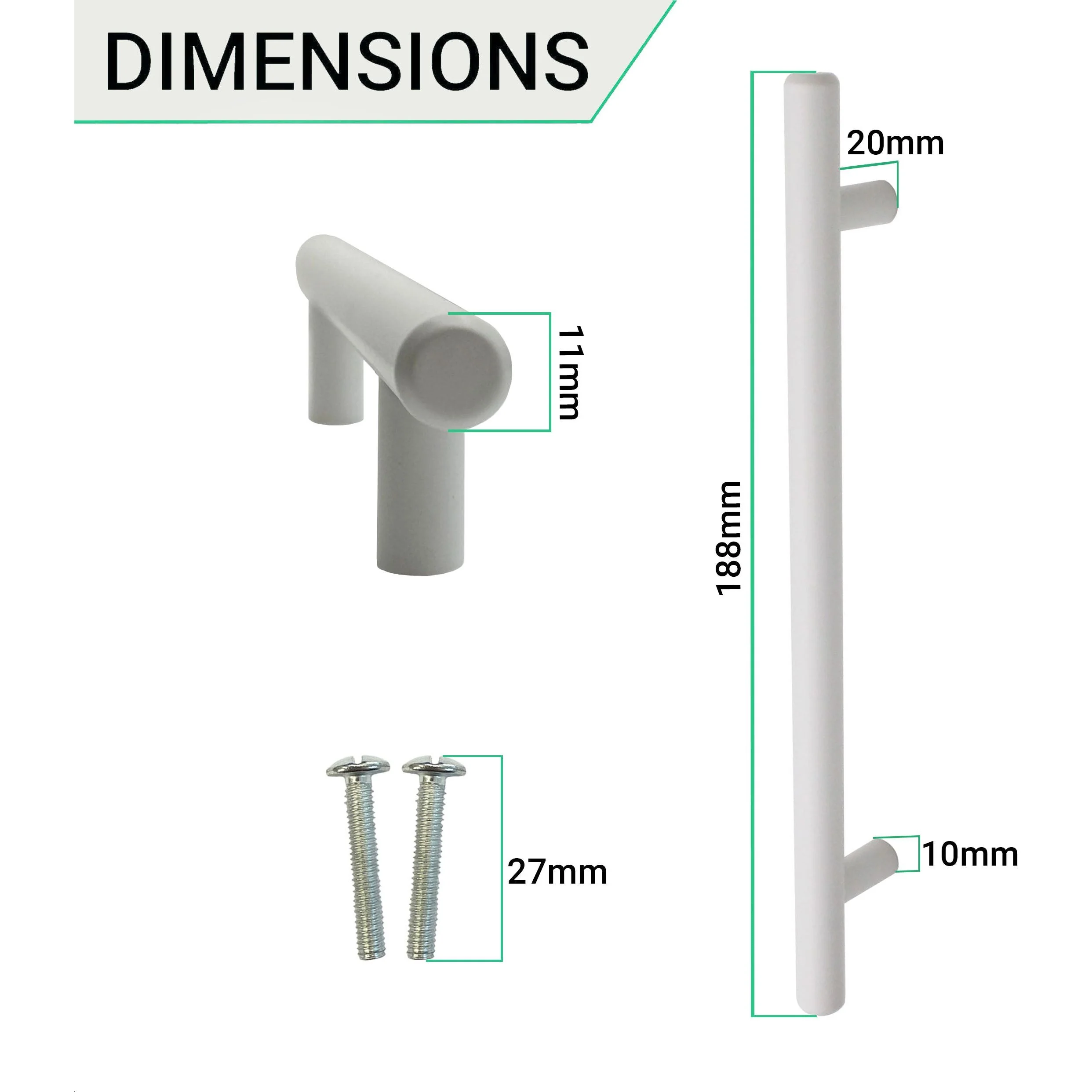 T-Bar Cupboard Dee Handle 188x12mm 128mm Centres Matt White - Image 3