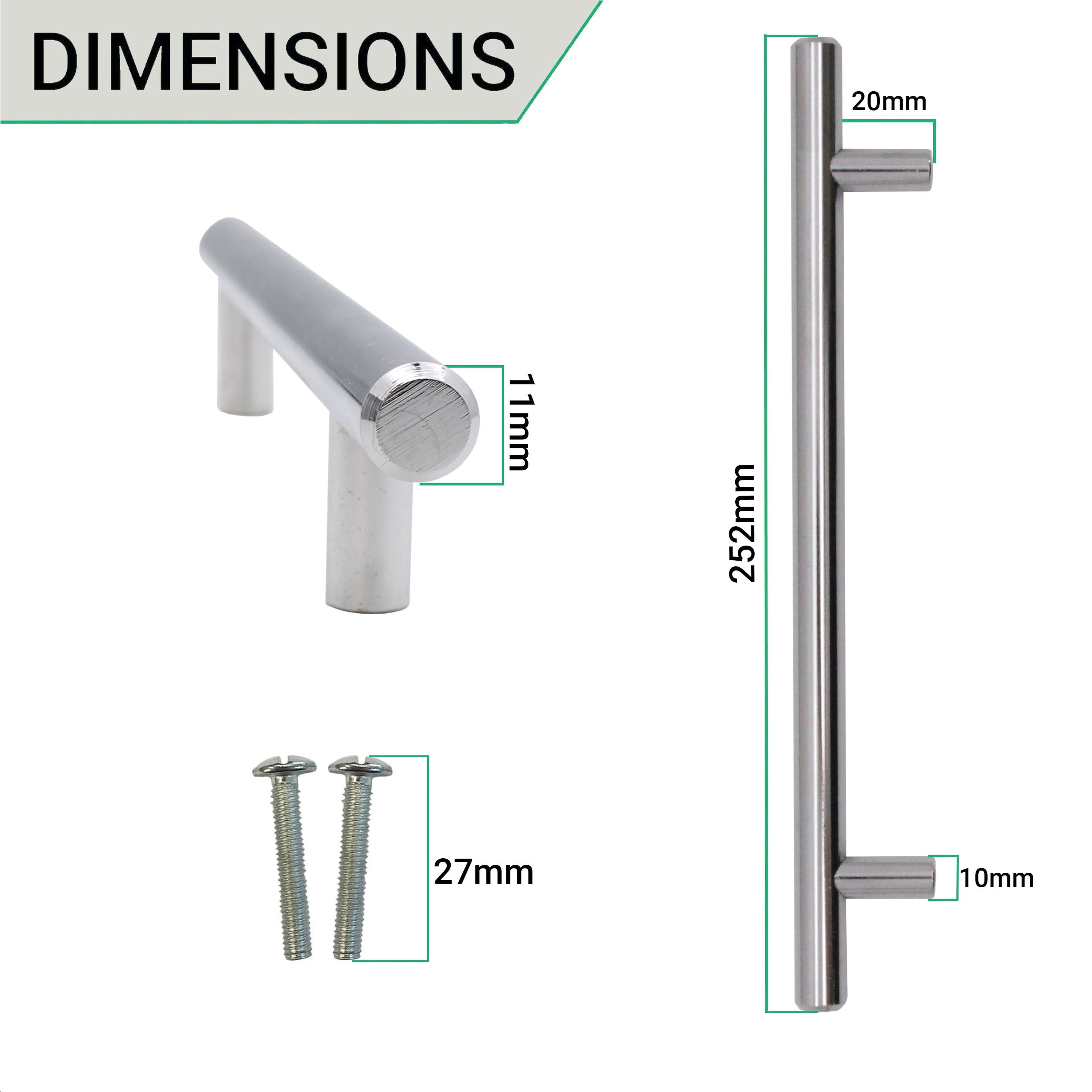 T-Bar Cupboard Dee Handle 252x12mm 192mm Centres Polished Chrome - Image 4