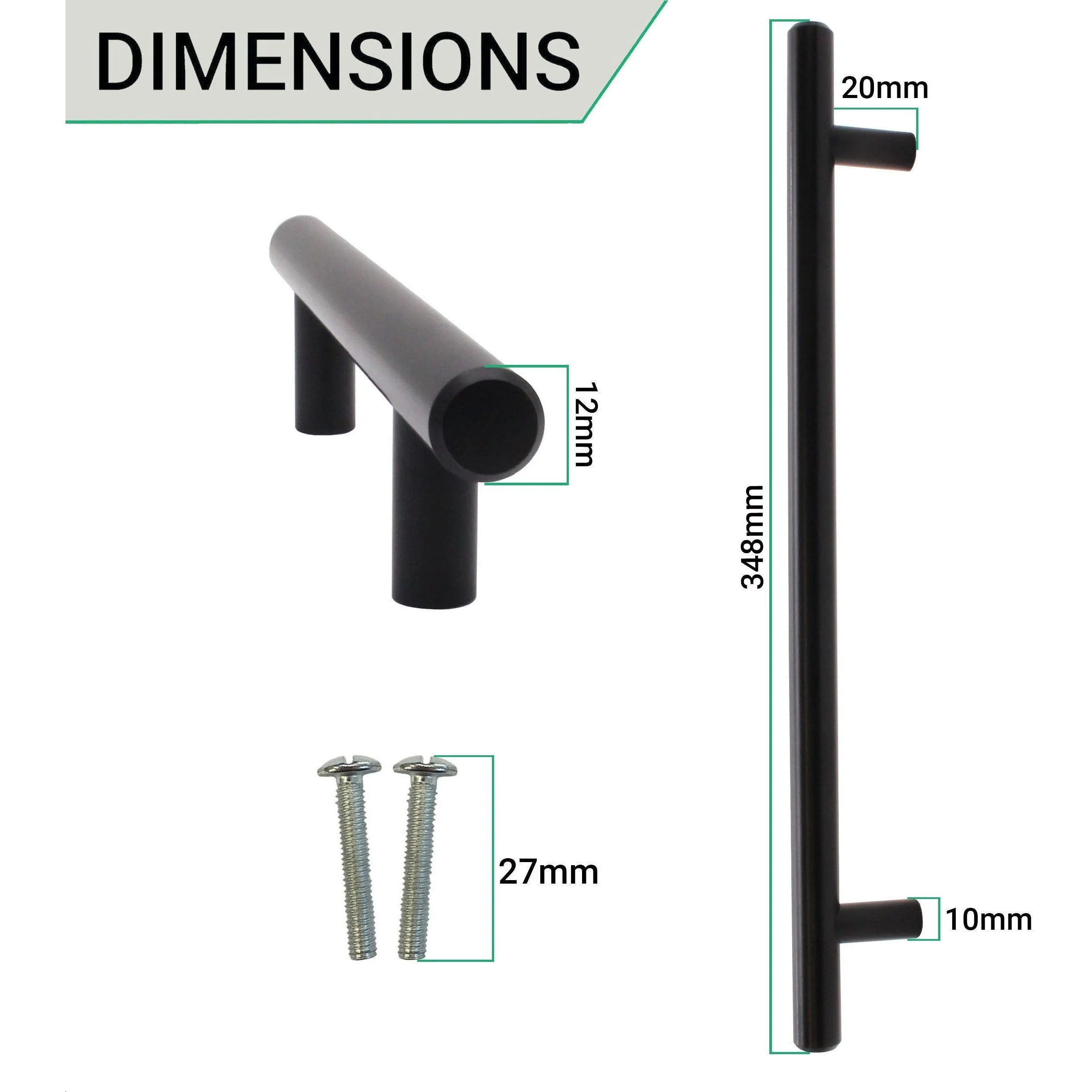 T-Bar Cupboard Dee Handle 348x12mm 288mm Centres Matt Black - Image 4