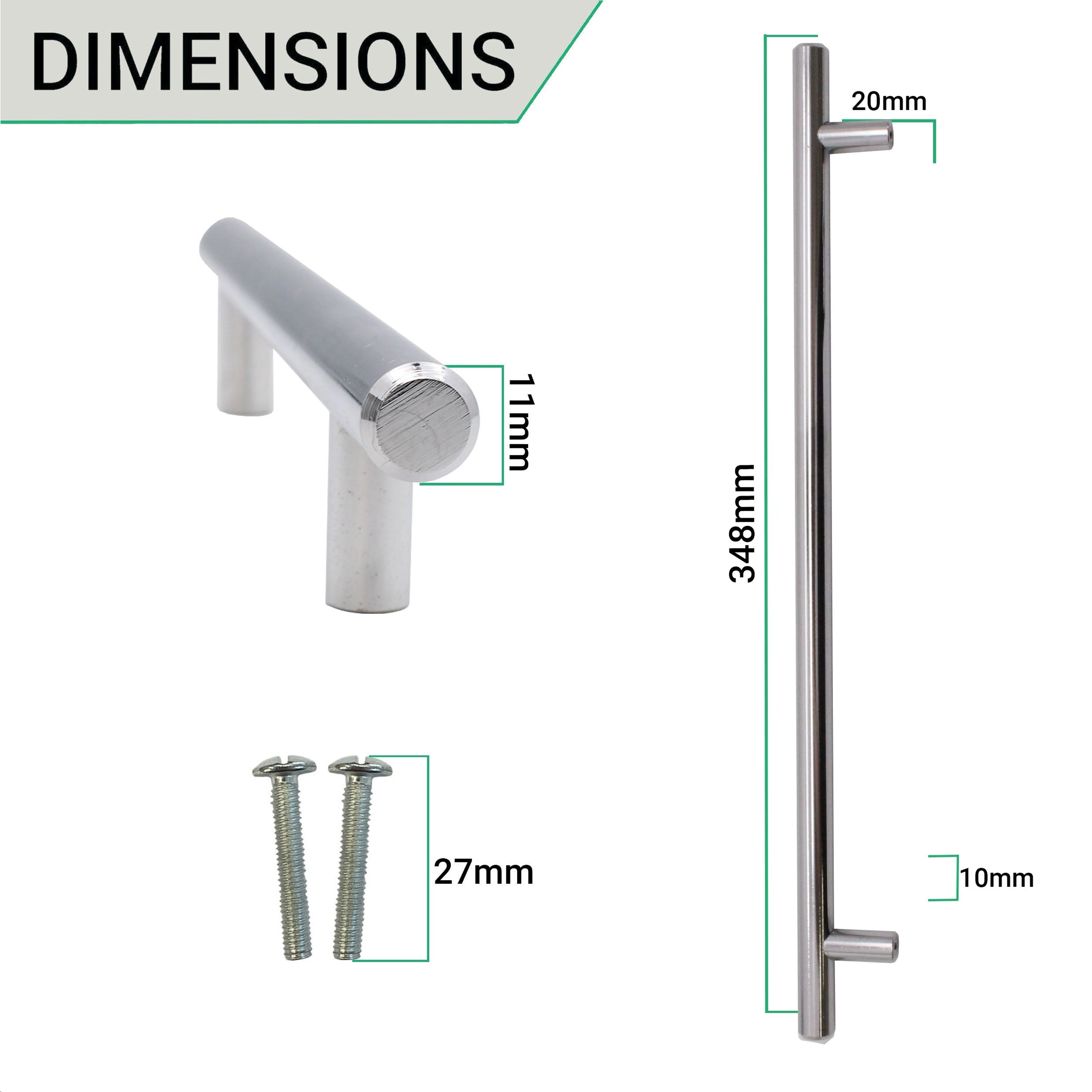 T-Bar Cupboard Dee Handle 348x12mm 288mm Centres Polished Chrome - Image 3