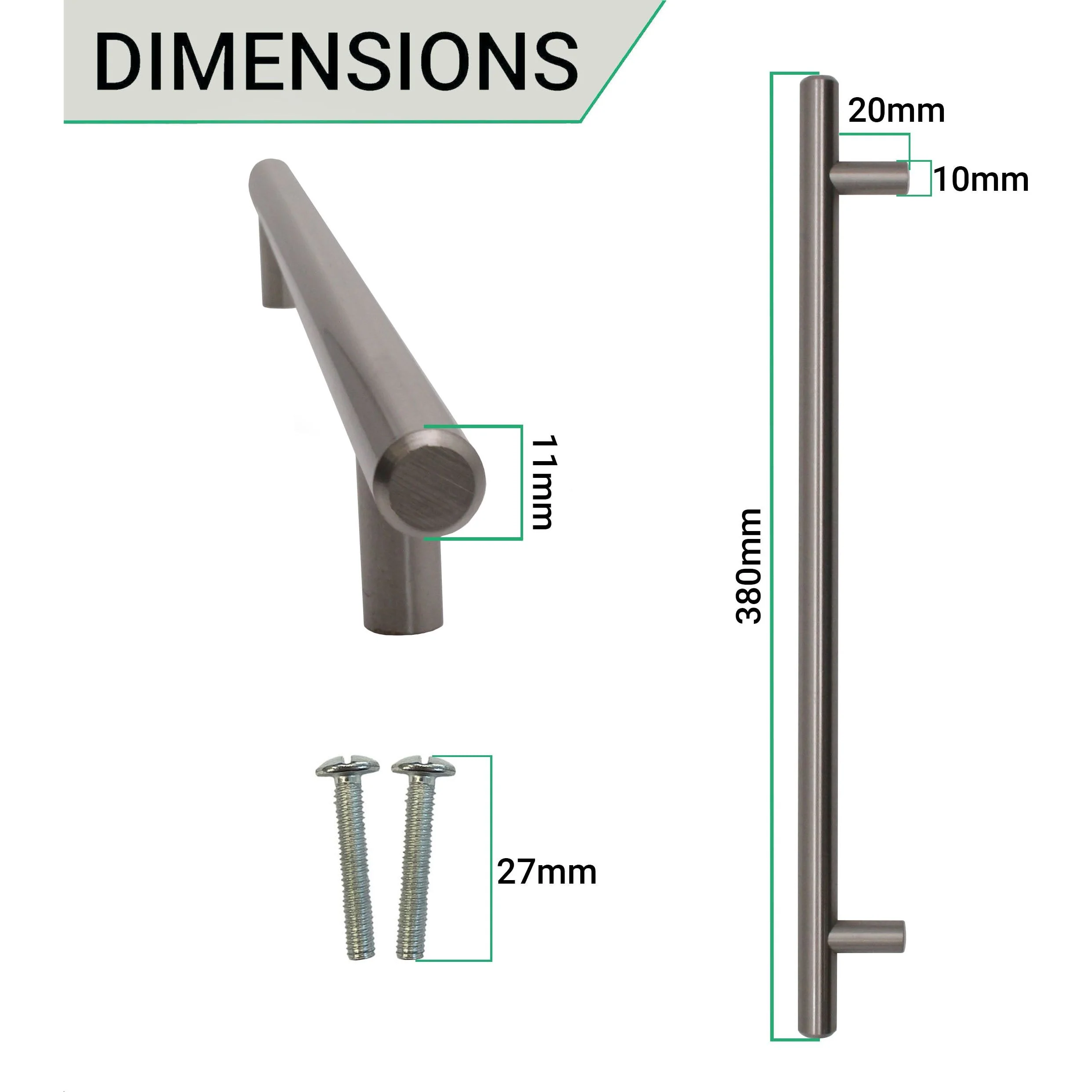 T-Bar Cupboard Dee Handle 380x12mm 320mm Centres Brushed Nickel - Image 3