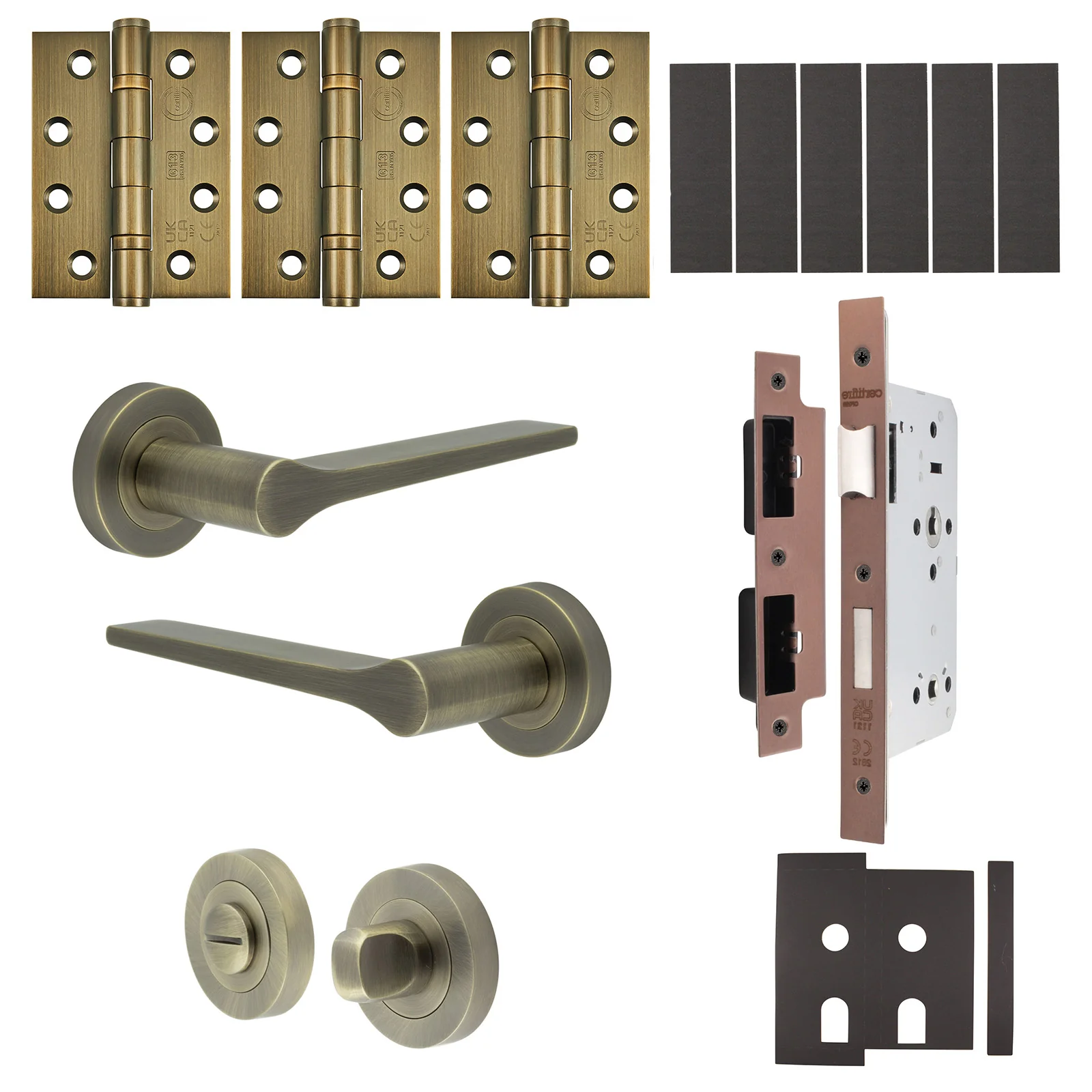 Tapera Antique Brass Lever on Rose Door Handle Kit - Heavy Duty FD30/60 - DIN Bathroom Lock