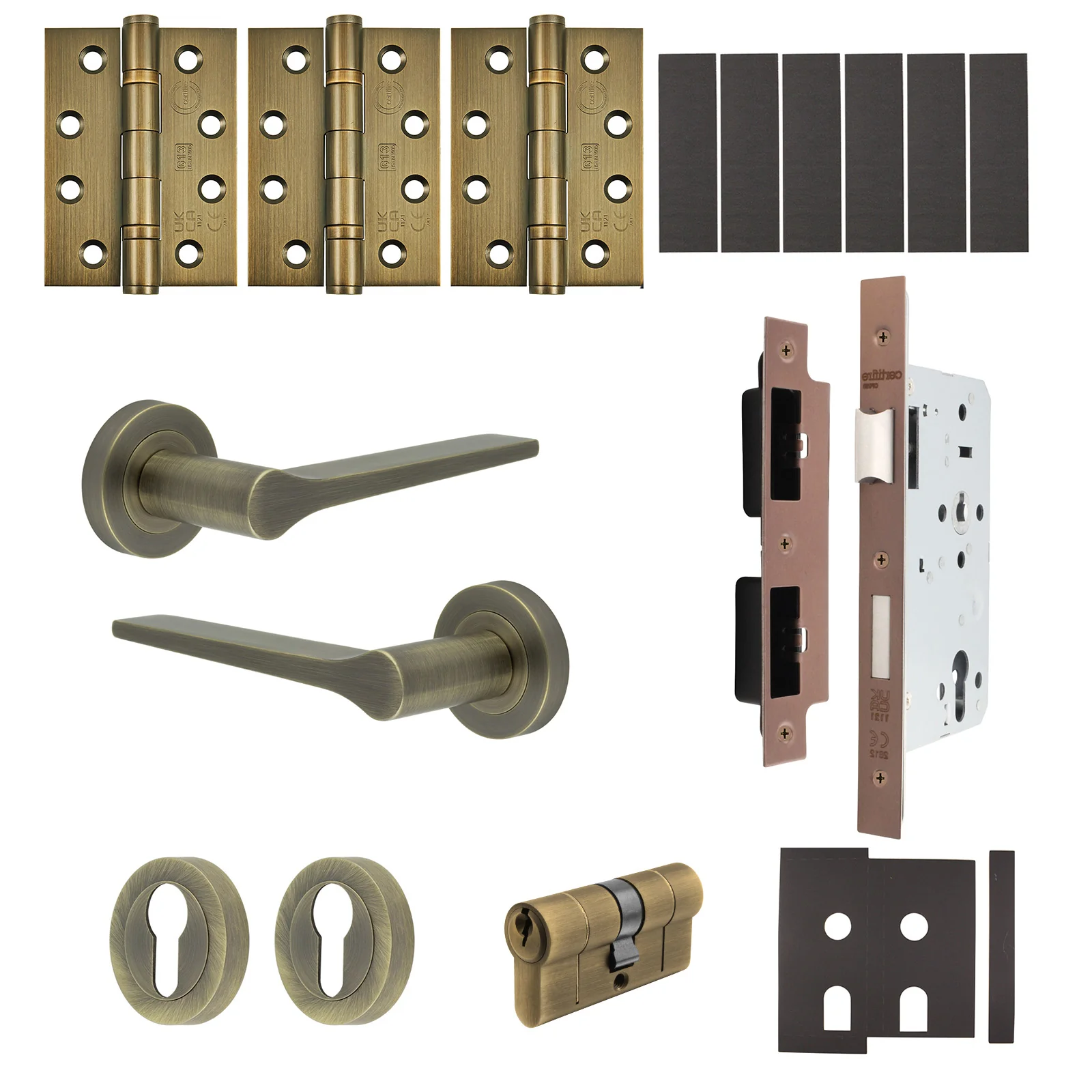 Tapera Antique Brass Lever on Rose Door Handle Kit - Heavy Duty FD30/60 - DIN Euro Sashlock and Double Cylinder - Master Keyed