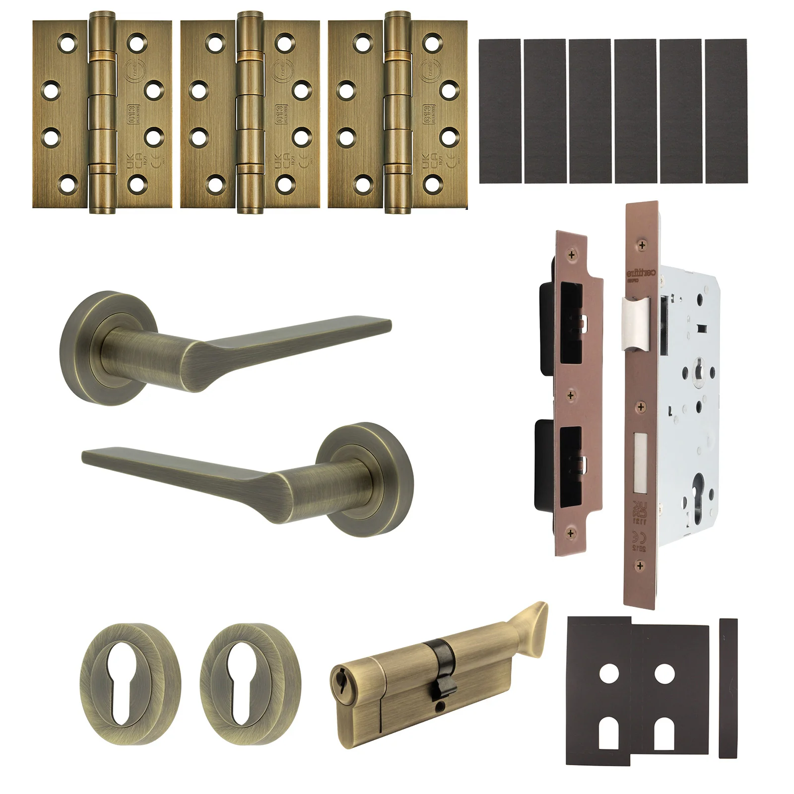 Tapera Antique Brass Lever on Rose Door Handle Kit - Heavy Duty FD30/60 - DIN Euro Sashlock and Thumbturn Cylinder - Keyed Alike