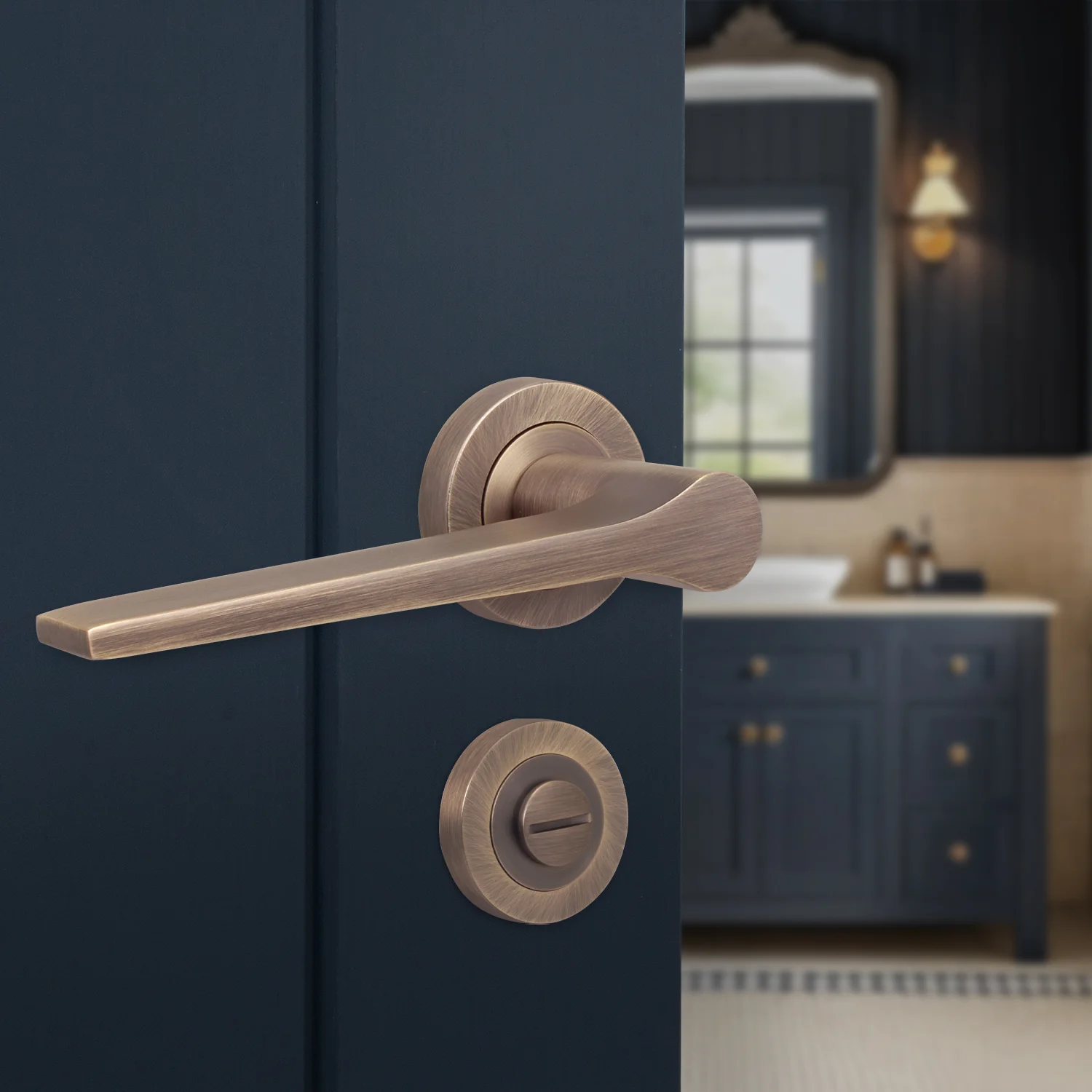 Tapera Antique Brass Lever on Rose Door Handle Kit - 64mm Bathroom Lock - Image 6
