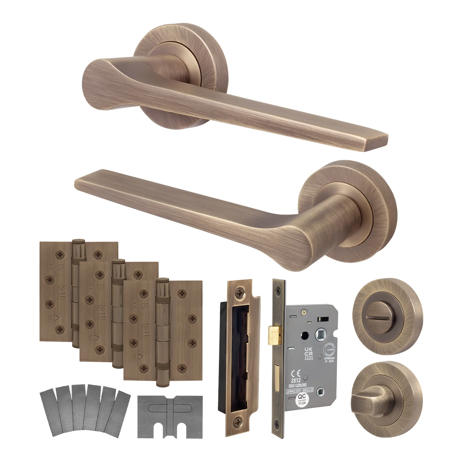 Tapera Antique Brass Lever on Rose Door Handle Kit - Medium Duty FD30/60 - 80mm Bathroom Lock