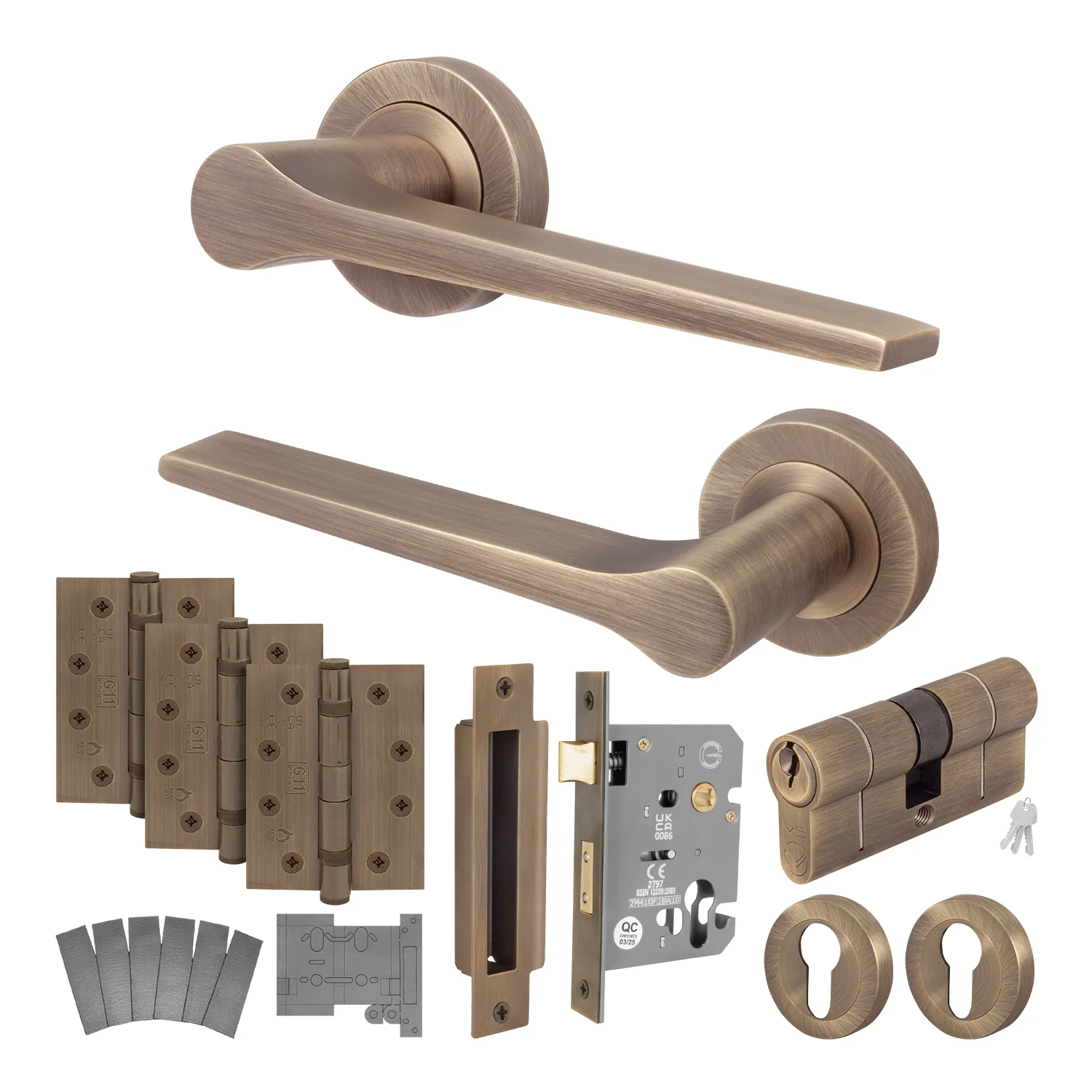 Tapera Antique Brass Lever on Rose Door Handle Kit - Medium Duty FD30/60 - 80mm Euro Sashlock and Double Cylinder - Master Keyed